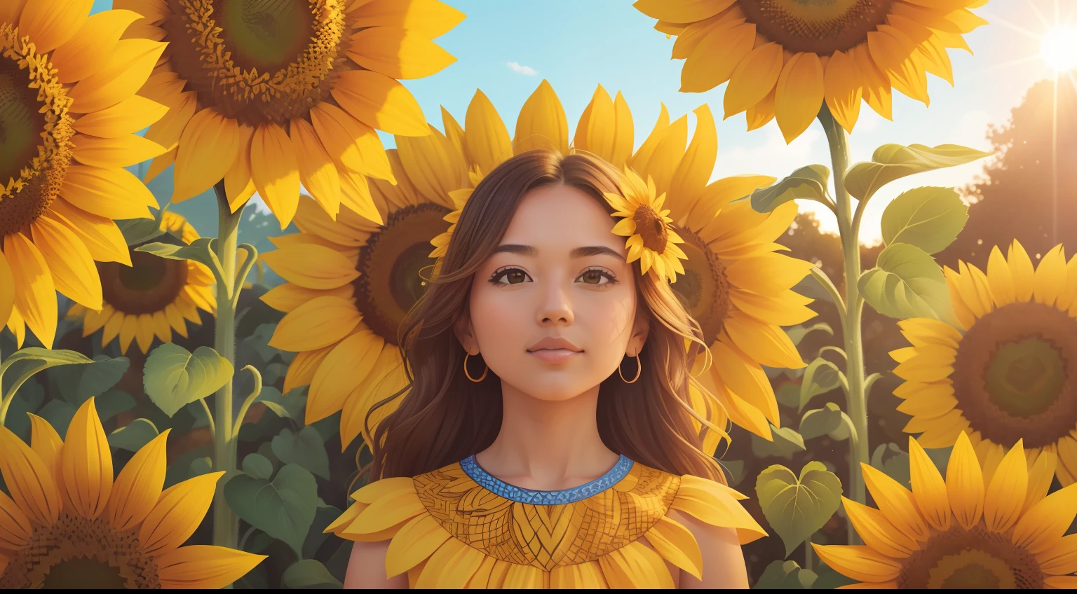 Sunflower Symphony:
Frame a portrait of a person standing amidst a sunflower field in full bloom. The sunflowers' brilliant yellow petals mirror the sunlight, creating a luminous backdrop that accentuates the person's vibrant presence.