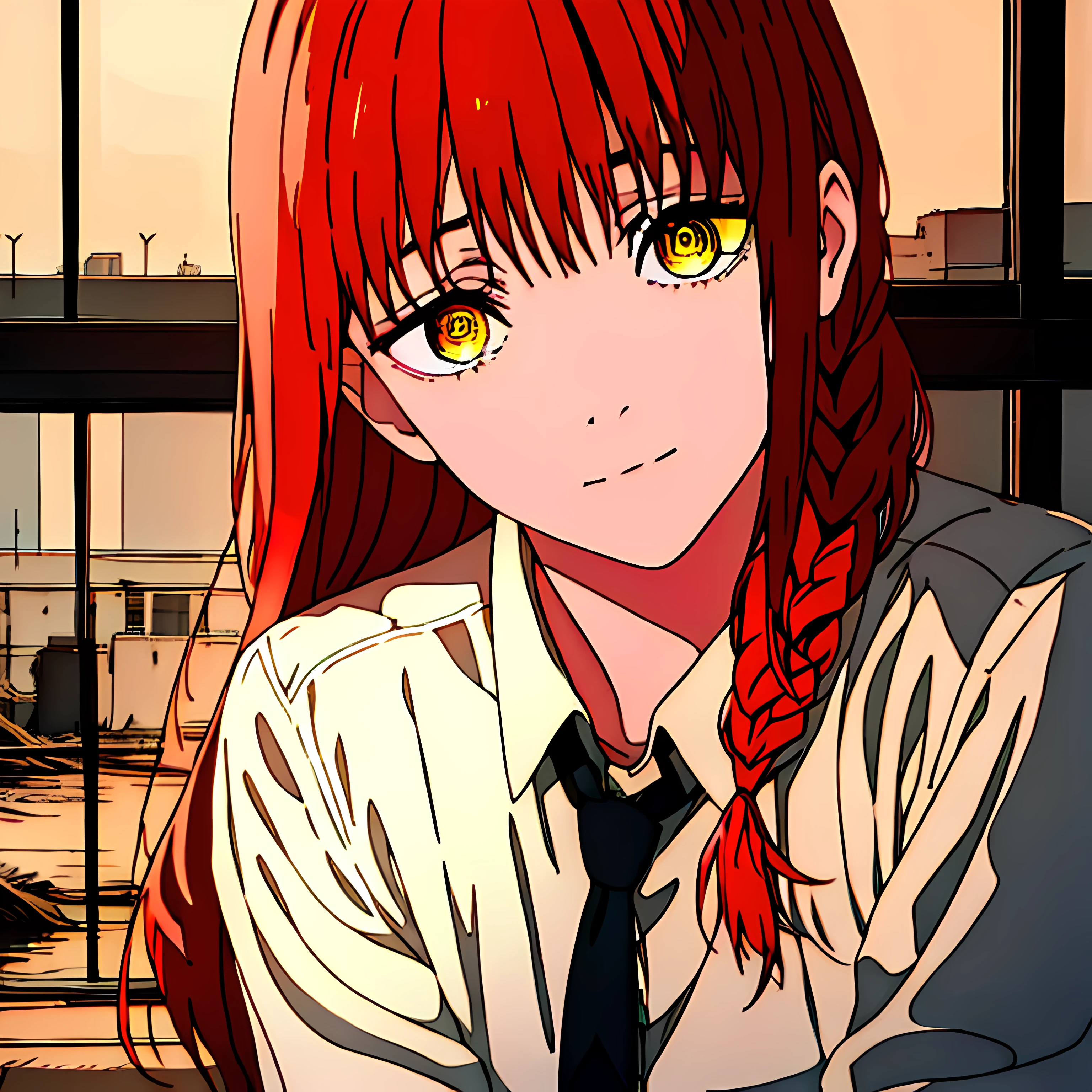 1girl, solo, masterpiece, best quality, masterpiece, (photorealistic:1.4), best quality, beautiful lighting, (ulzzang-6500:0.4), makima \(chainsaw man\), (red hair)+(long braided hair)+(bangs), yellow eyes, golden eyes, (ringed eyes), (white shirt), (necktie), RAW photo, 8k uhd, film grain