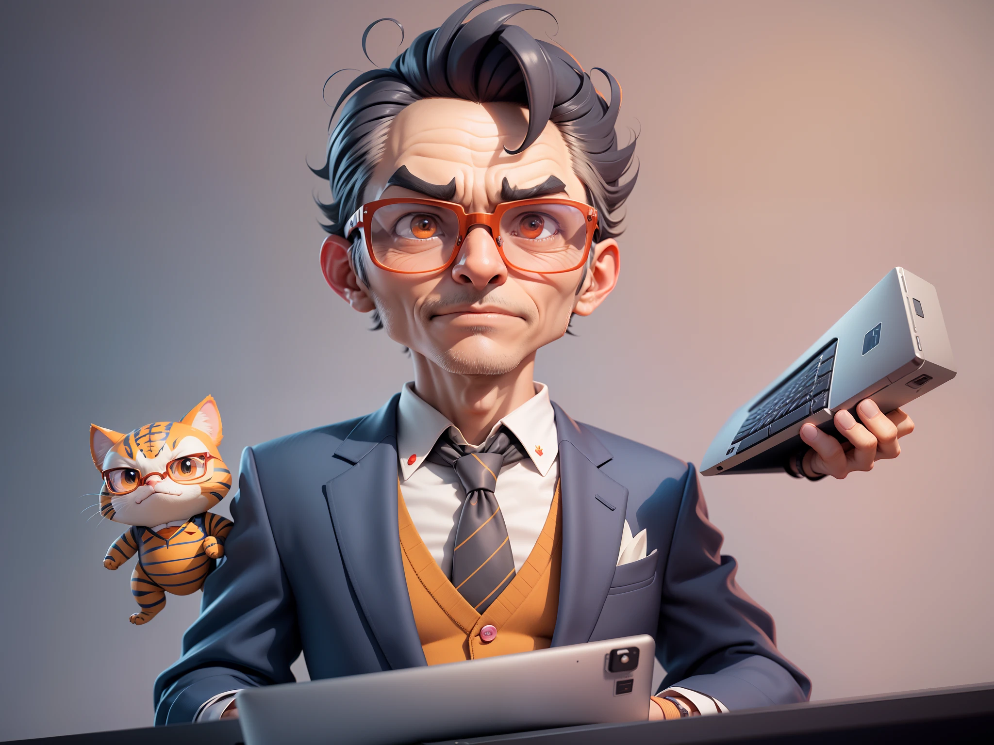 A young man in a suit, Short hair and glasses sat at his desk,holding laptop,digitial painting,tigre,3D character design by Mark Clairen and Pixar and Hayao Miyazaki and Akira Toriyama,4K HD illustration,Very detailed facial features and cartoon-style visuals。