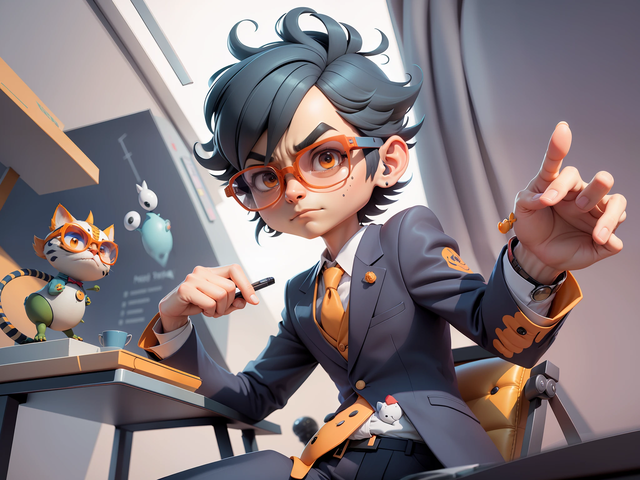 A young man in a suit, Short hair and glasses sat at his desk，holding laptop，digitial painting，tigre，3D character design by Mark Clairen and Pixar and Hayao Miyazaki and Akira Toriyama，4K HD illustration，Very detailed facial features and cartoon-style visuals。