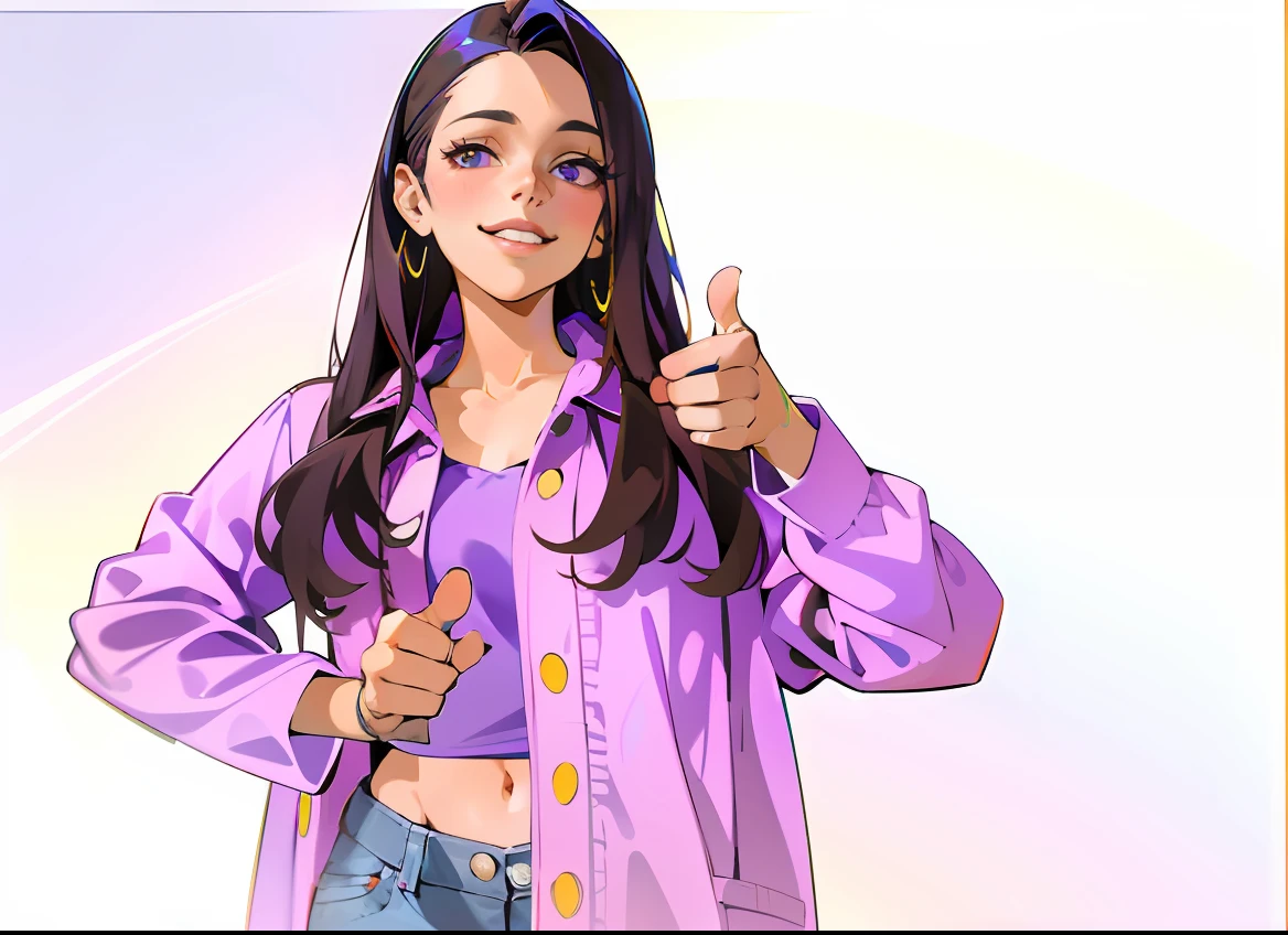 The Arad woman in a purple shirt and blue jeans gives a thumbs up, thumb up, Thumbs up, thumb up, giving a thumbs up to the camera, t pose, Violet Myers, satisfied pose, thumb up, Casual pose, Solid Backgroud, Without background, photo of young woman, background removed, thumb up, advertisement picture