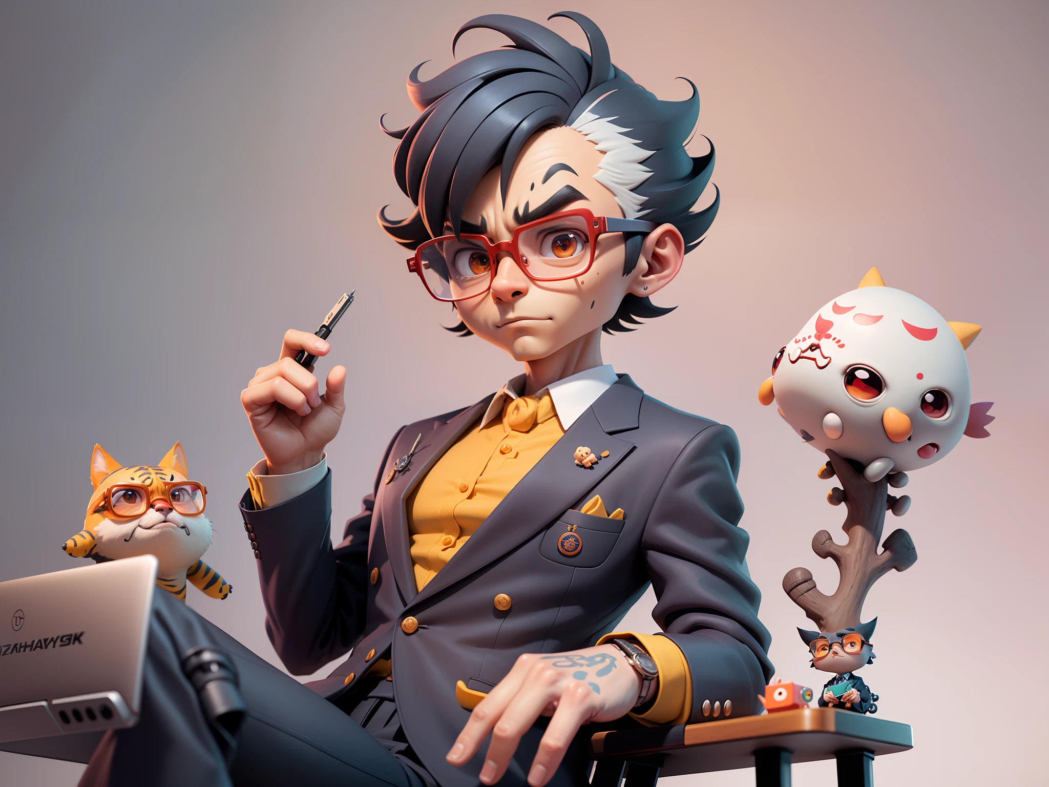 A young man in a suit, Short hair and glasses sat at his desk，holding laptop，digitial painting，tigre，3D character design by Mark Clairen and Pixar and Hayao Miyazaki and Akira Toriyama，4K HD illustration，Very detailed facial features and cartoon-style visuals。