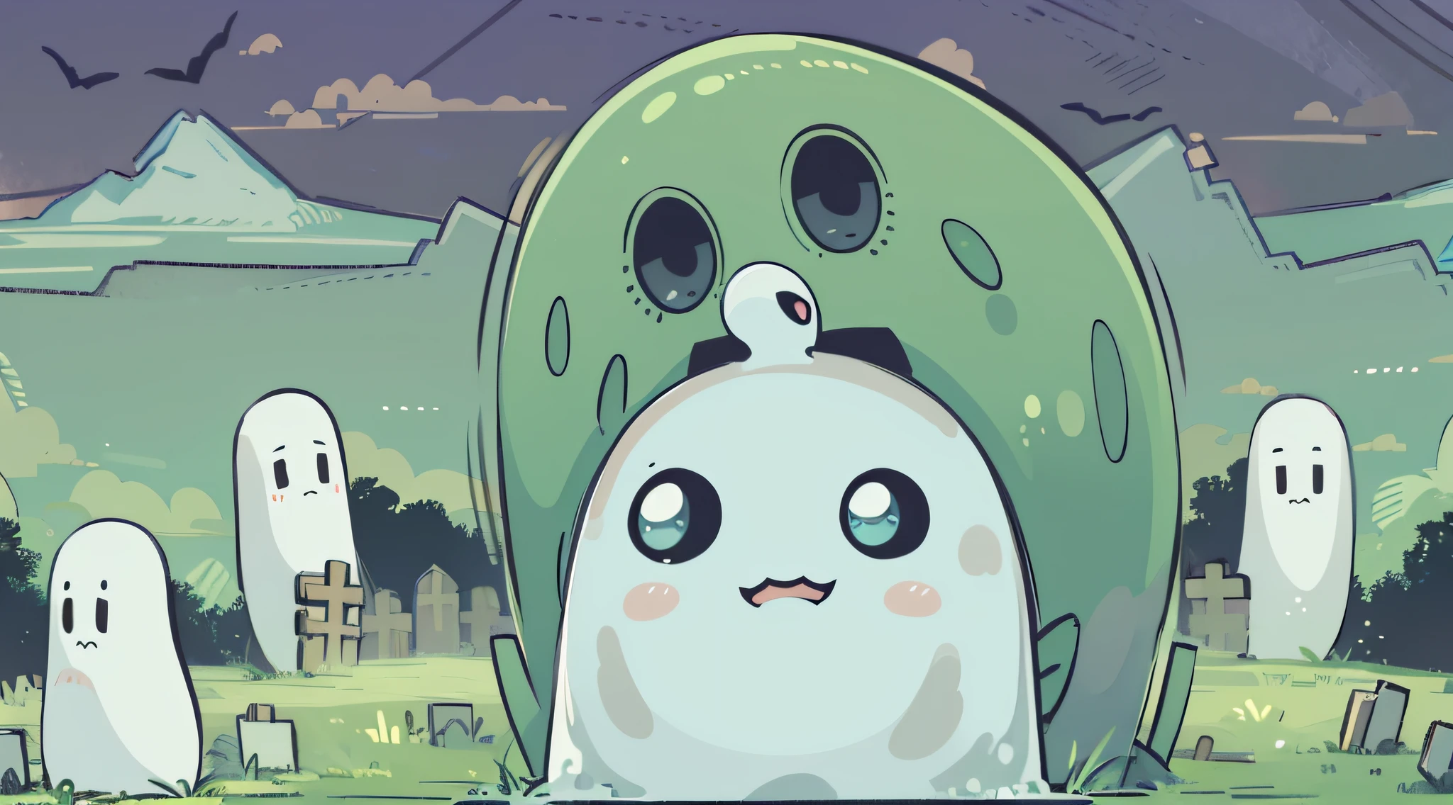 kawaii anime ghosts in graveyard