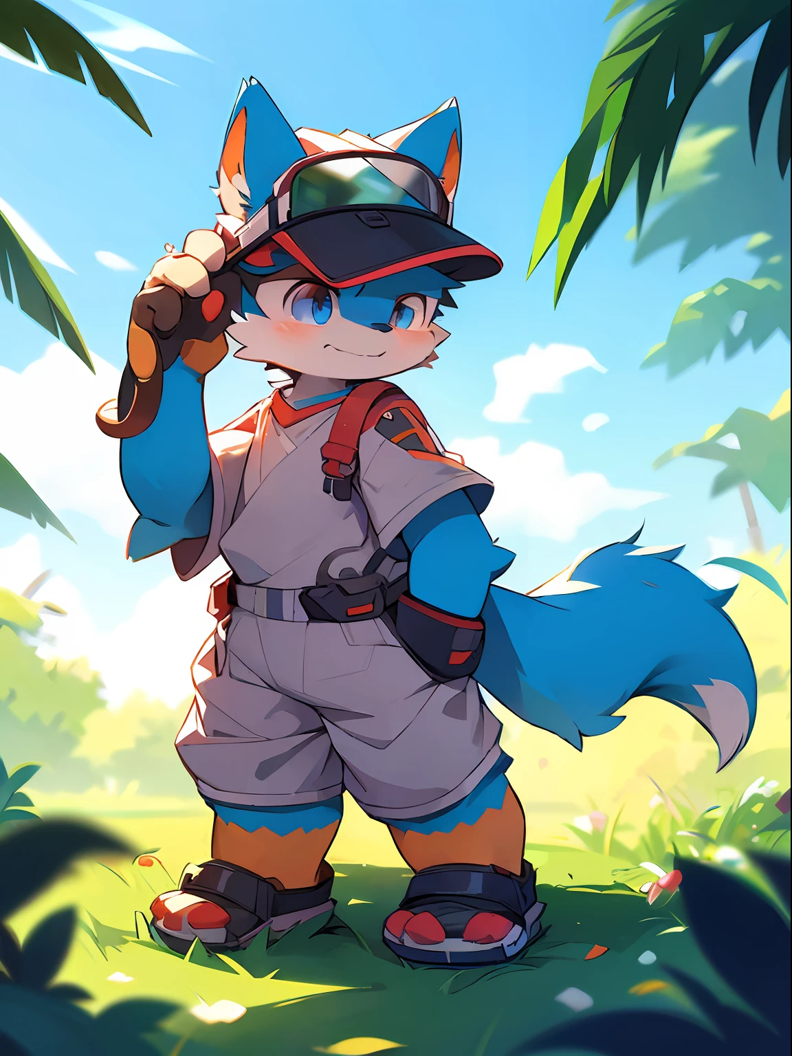 author：Jrjresq, author：Kirito, mammal, Furry, Male, Solo, wears, visor,  Summer,standing on your feet，Pokémon trainer