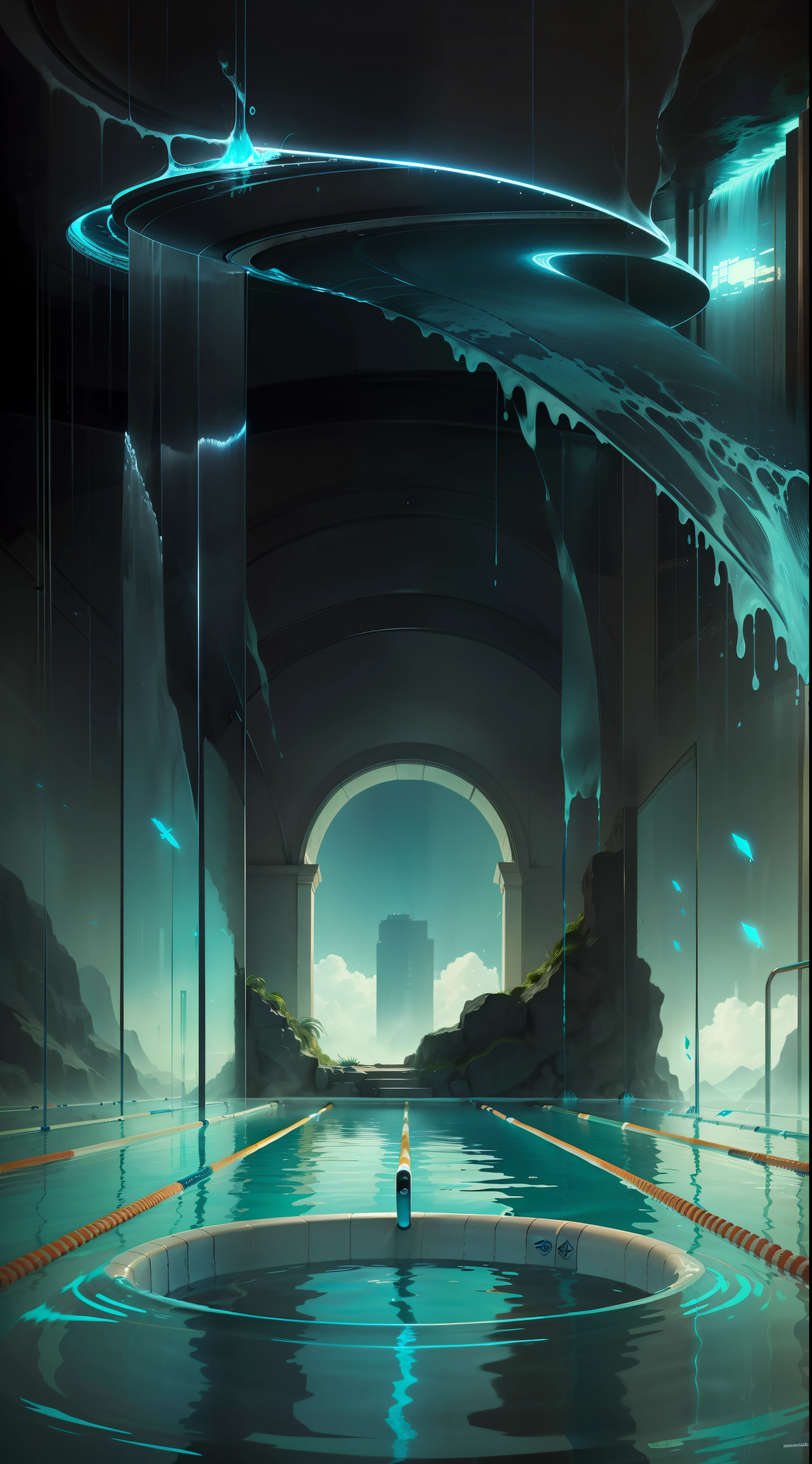 At the bottom is a professional swimming pool,Round platform,photorealestic,The background is a waterfall and splashing water,High water flow,keyframe,Strong contrast,Strong atmosphere and sense of space,The arrows in the air are made up of water,Arrows with transparent glass texture,plethora of colors,The strokes are powerful,Blue space,The waves are noticeable