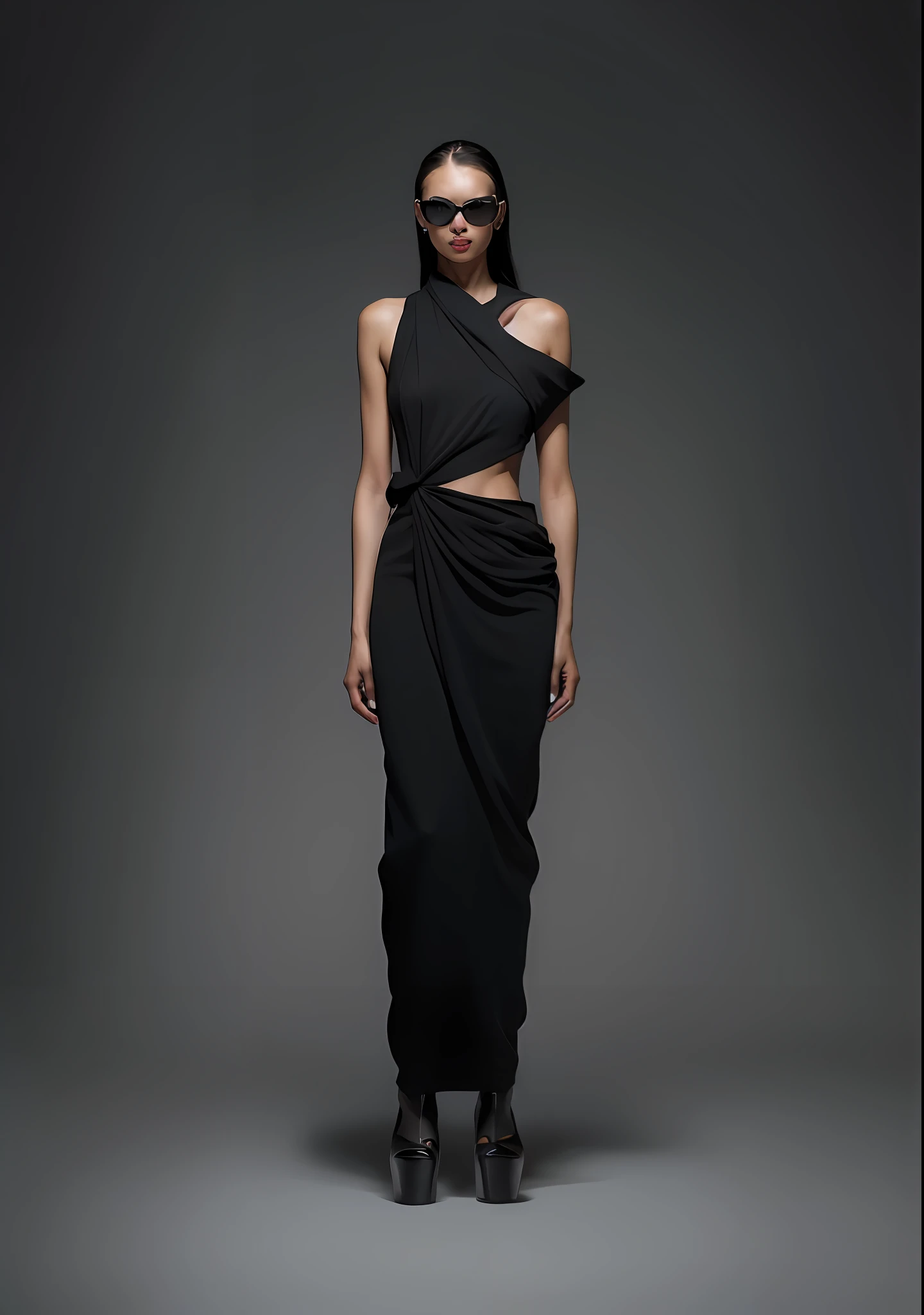 Arafad image of a woman in a black dress and sunglasses, rick owens, emaciated black evening gown, full body length shot, full - length view, full body length, mugler, full lenght shot, jia, full body wide shot, full - length view, Inspired by Slava Raskay, inspired by Adrienn Henczné Deák