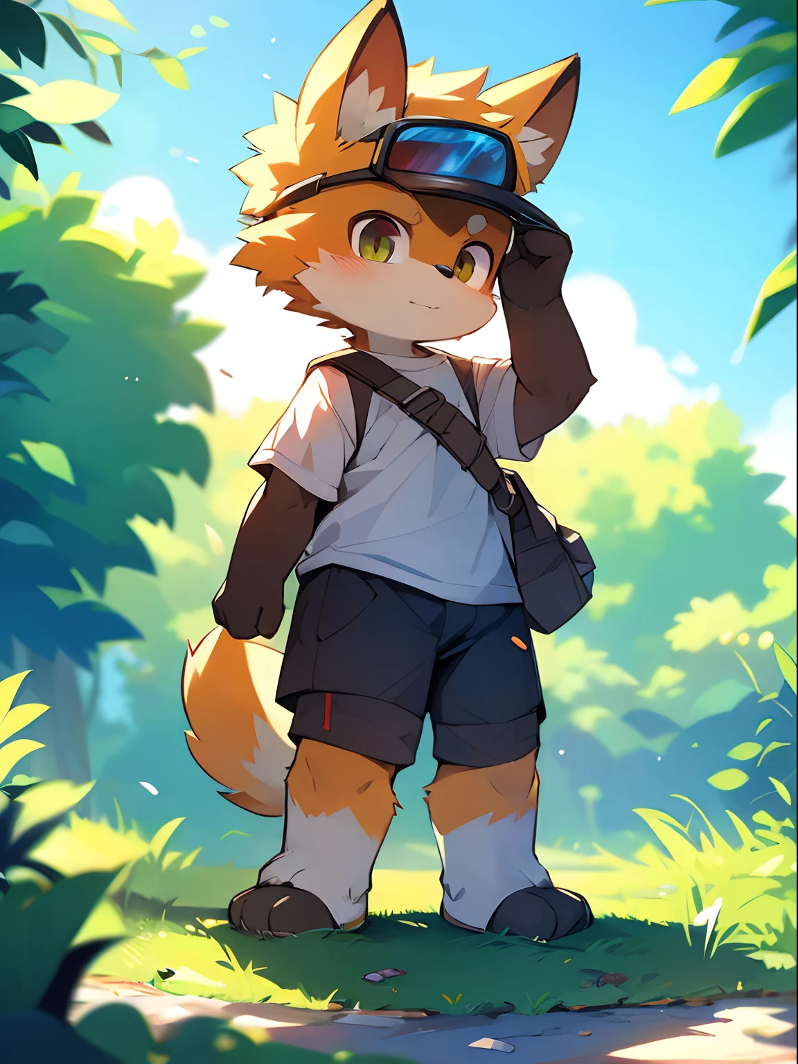 author：Jrjresq, author：Kirito, mammal, Furry, Male, Solo, wears, visor,  Summer,standing on your feet，Pokémon trainer