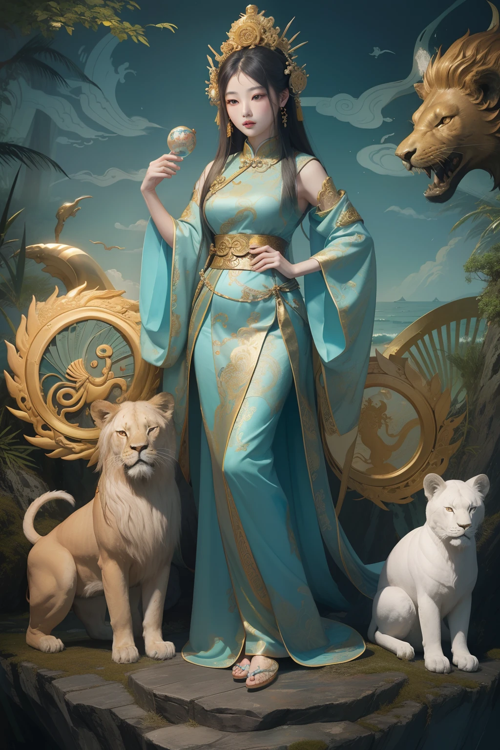 an ancient Chinese goddess, guanyin of the southern seas, Guanyin, Inspired by China, Avalokiteshvara rides a lion，,Serene expression,shui mo hua,Buddha,Buddhist,Lotus,Chinese painting style,Thangka style