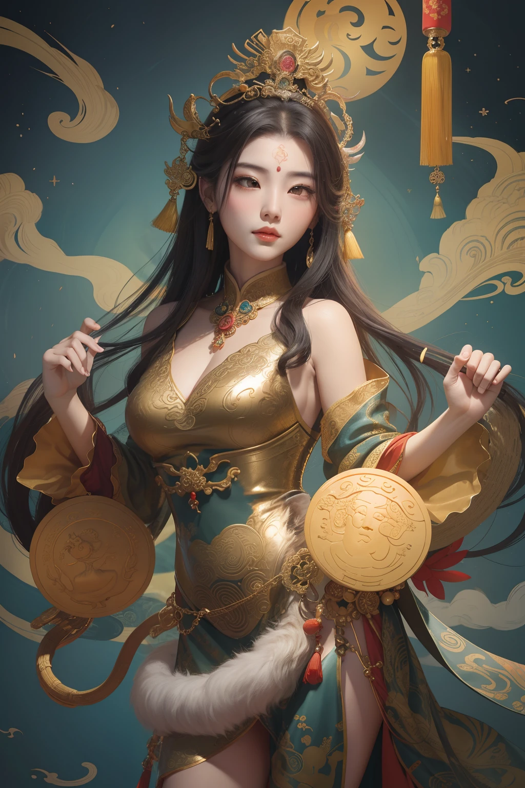 an ancient Chinese goddess, guanyin of the southern seas, Guanyin, Inspired by China, Avalokiteshvara rides a lion，,Serene expression,shui mo hua,Buddha,Buddhist,Lotus,Chinese painting style,Thangka style