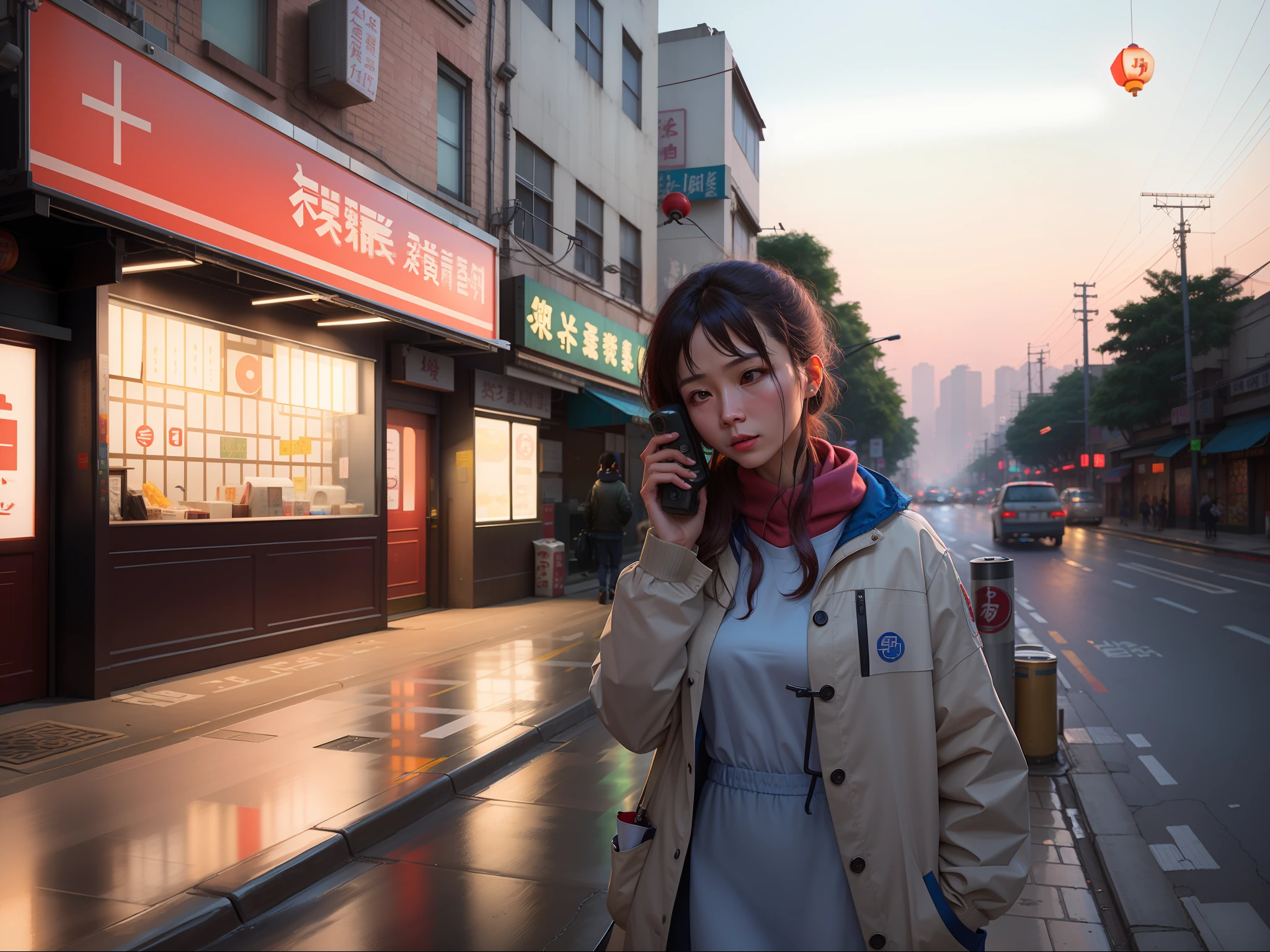 There was a woman on the phone on the street, inspired by Liam Wong, in style of kar wai wong, inspired by Zhang Xiaogang, inspired by Fei Danxu, inspired by Zhang Zongcang, in front of ramen shop, inspired by Gang Hui-an, inspired by Li Tiefu, overlaid with chinese adverts