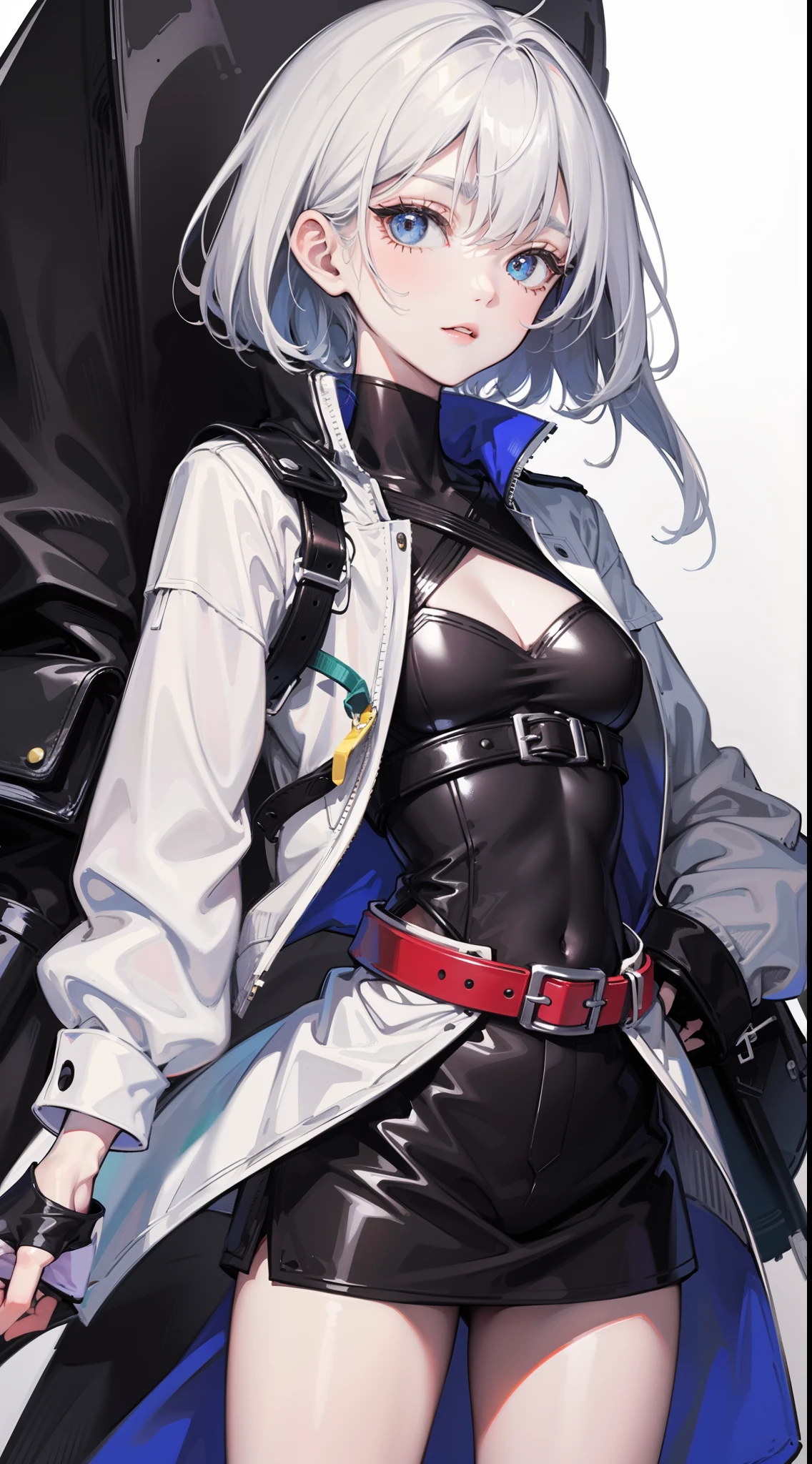 Adult woman, short white hair, high ponytail, blue eye color, White luxury jacket, pants, open breasts, blue lipstick, ssmile, Masterpiece, hiquality