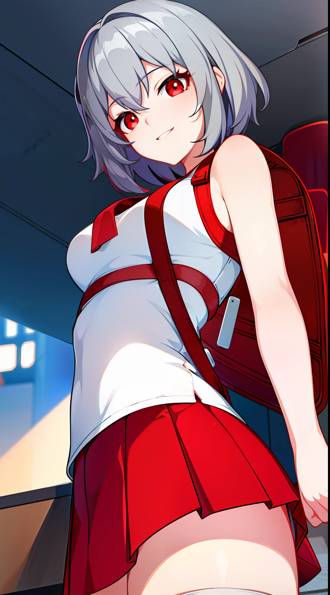 young girl, short gray hair, red-eyes, white tanktop, Upskirt, ssmile, backpack, stocklings, Masterpiece, hiquality