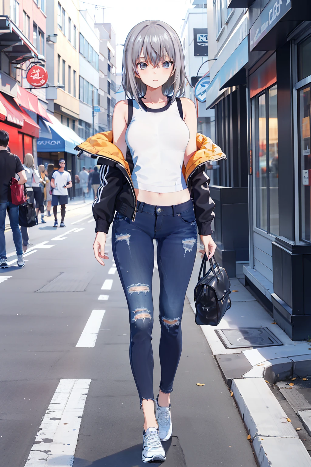 Erika ,  Dressed in a Modern street style jacket , under it she wears a Dark blue short tank top , a Black Modern street style Jeans , Modern street style Black Sports shoes