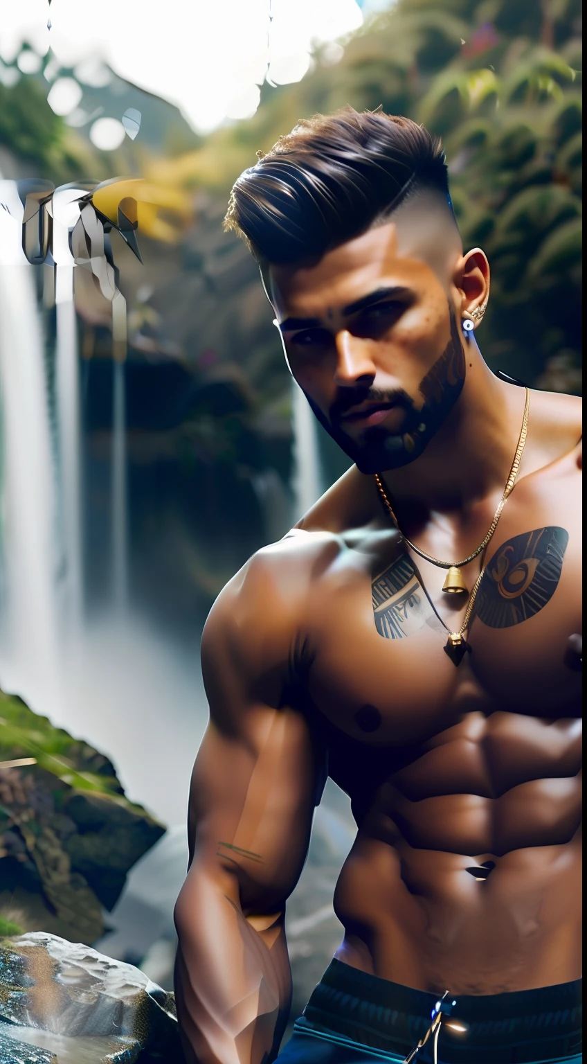 fking_scifi, fking_scifi_v2, portrait of a young, muscular extremely handsome and attractive Brazilian male model, in front of a waterfall, short windy hair, hairy tattooed body, colorful clothing and golden jewelry, close up, regal pose and attitude. fking_cinema_v2.