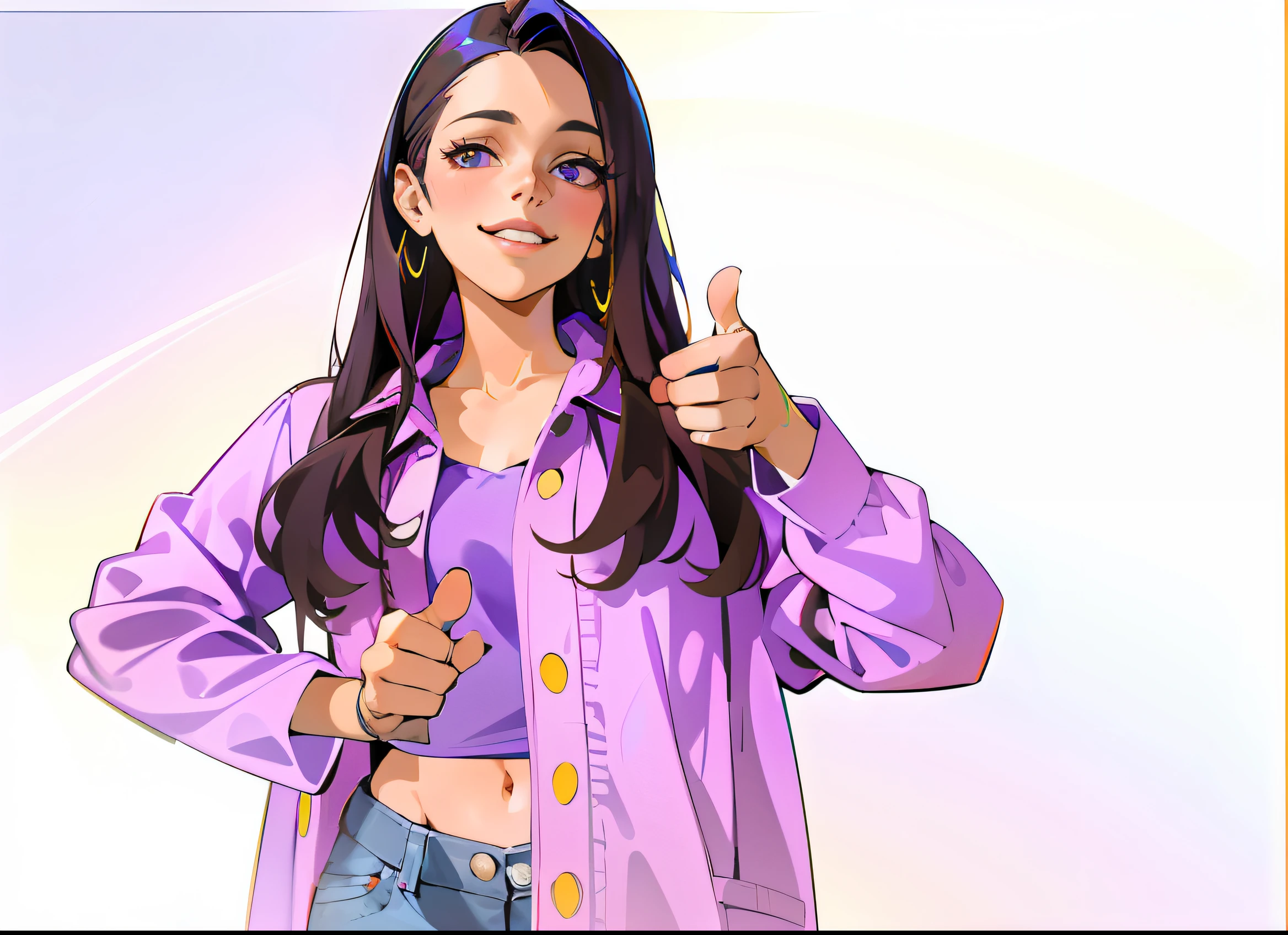 The Arad woman in a purple shirt and blue jeans gives a thumbs up, thumb up, Thumbs up, thumb up, giving a thumbs up to the camera, t pose, Violet Myers, satisfied pose, thumb up, Casual pose, Solid Backgroud, Without background, photo of young woman, background removed, thumb up, advertisement picture
