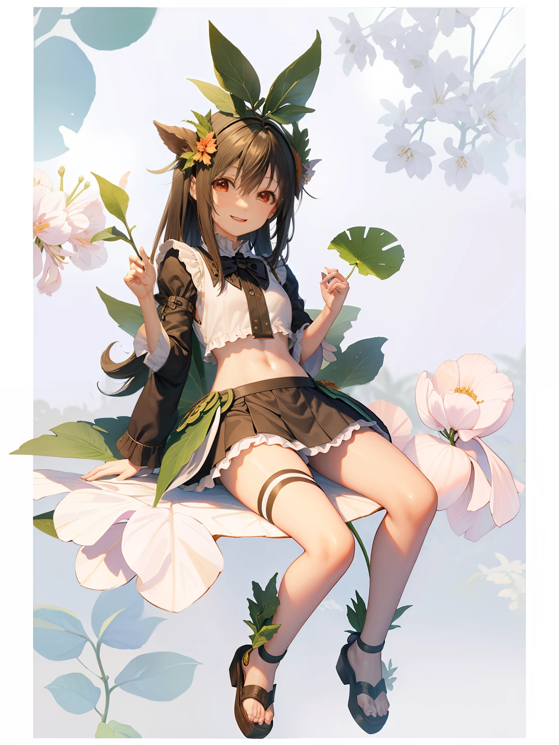 A one-meter-four-tall loli sits on a huge leaf，Grinning