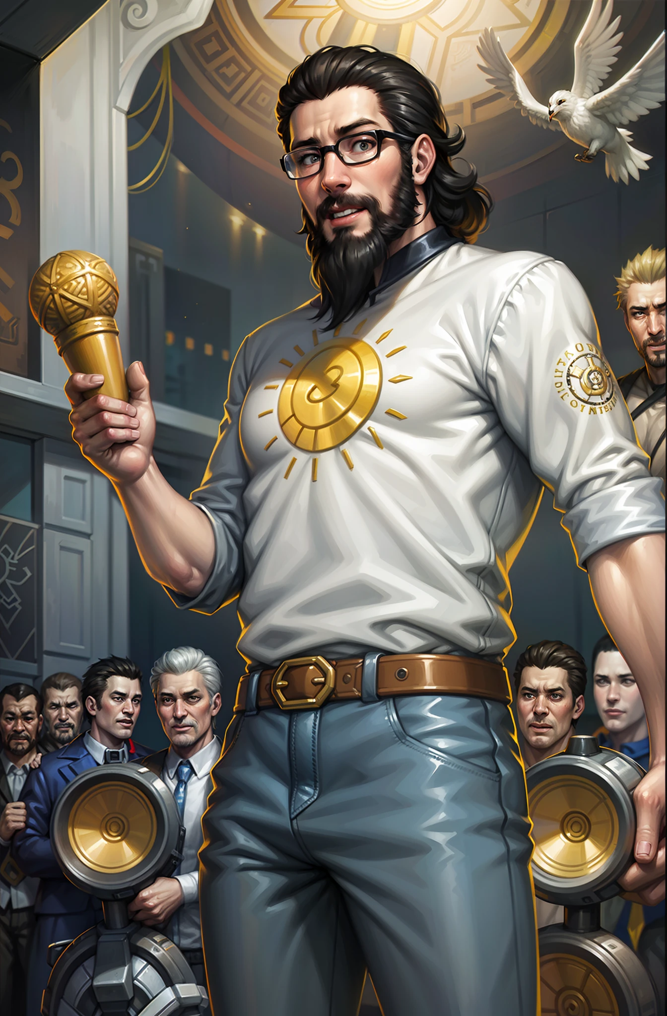 There was a man holding a trophy in front of the crowd, disco elysium style!!!, valve promotional splash art, Official Splash Art, disco elysium style, disco elysium character, Official artwork, Disco Bliss artwork, hylics artwork, offcial art, hearthstone official splash art, full art, Elysium Disco Art, wojtek fus, full art illustration
