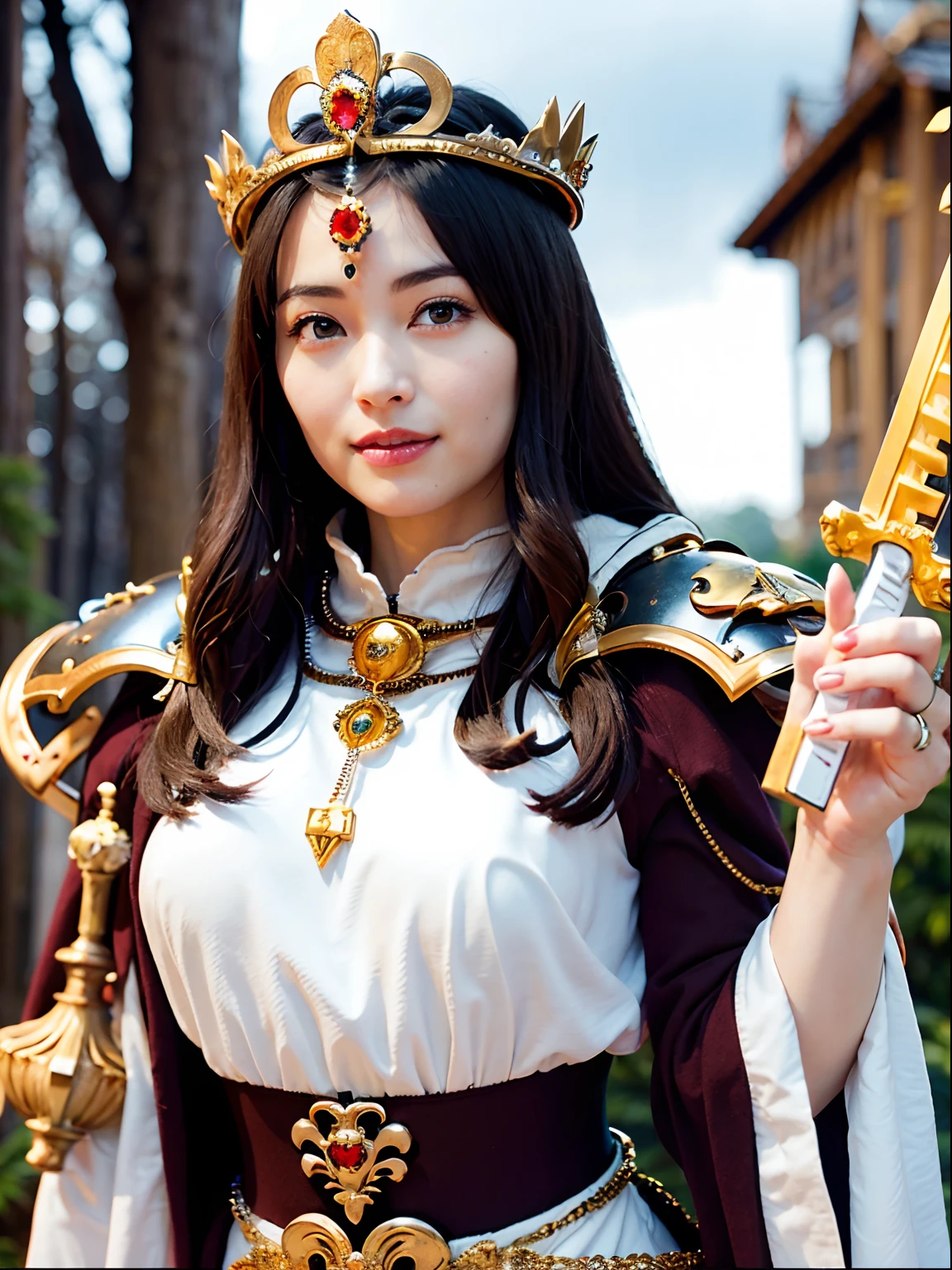 (masutepiece), Professional , masterpiece、top-quality、photos realistic , depth of fields (Gemstone Silver Metal Body:1.9),(Matte White、Jewel Gold Weapon(Jewel Metal Body:1.4),Gorgeous metal weapons , Detailed Sword of the Brave , Beautiful knife ,warhammer 40k , adepta sororitas,(Army of monsters background),Detail and ornate jewel crown、Black hair、Gangle's forest background、Beautiful Caucasian beauty、1a person、dynamic ungle,(((Detailed and ornate diamond crown)))、Smaller head、A smile、Take a sexy pose、Background inside the castle、Thin and beautiful female hands、Old ancient ruins、A smile、cleavage of the breast、