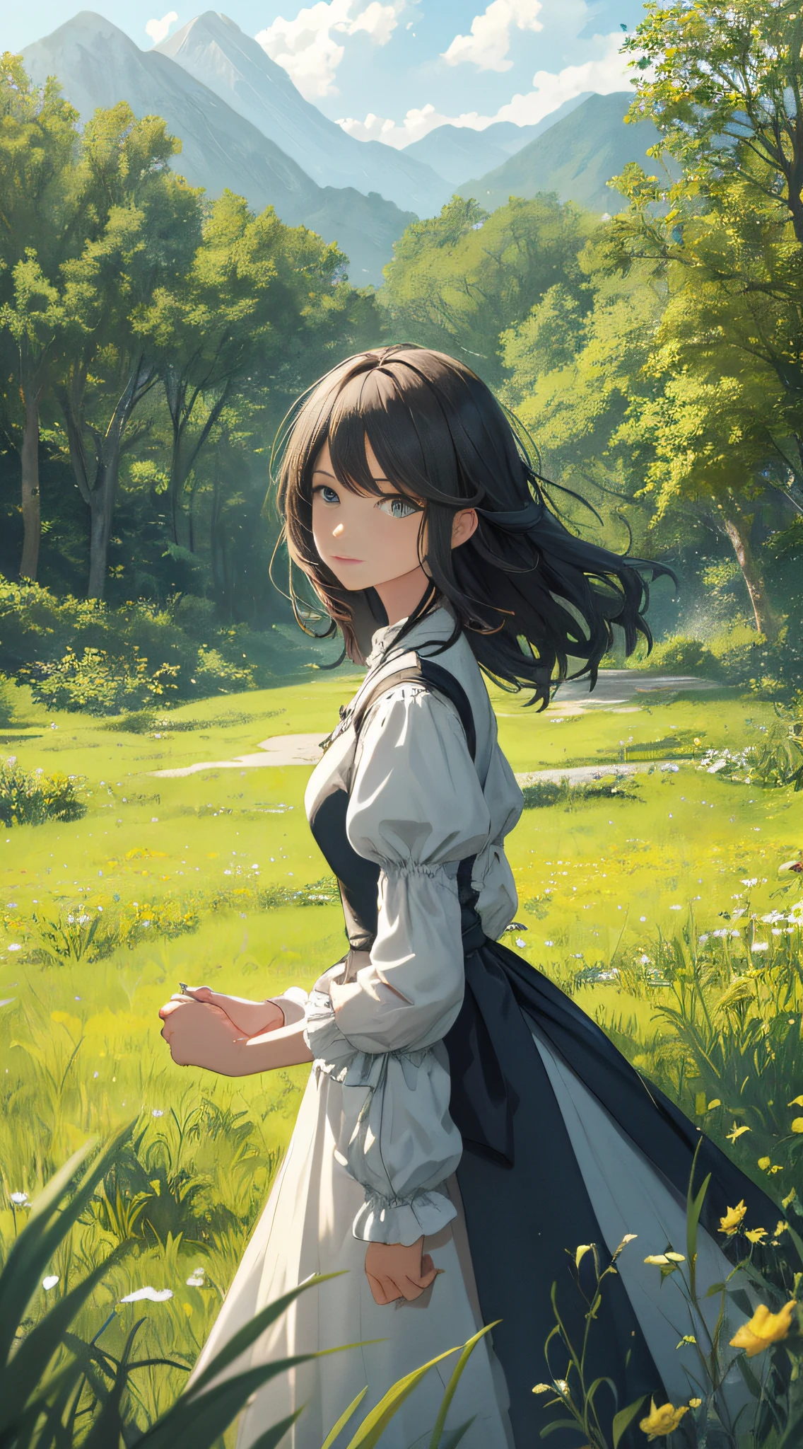 In a green meadow stands a girl leading a group of knights.
BREAK
With a brave expression, she guides them towards their destination.
BREAK
Behind her, a green forest stretches out and beyond that, mountains rise in the distance.
BREAK
The most suitable effect for this scene would be a watercolor painting technique to capture the softness of the meadow and the fluidity of the movement.