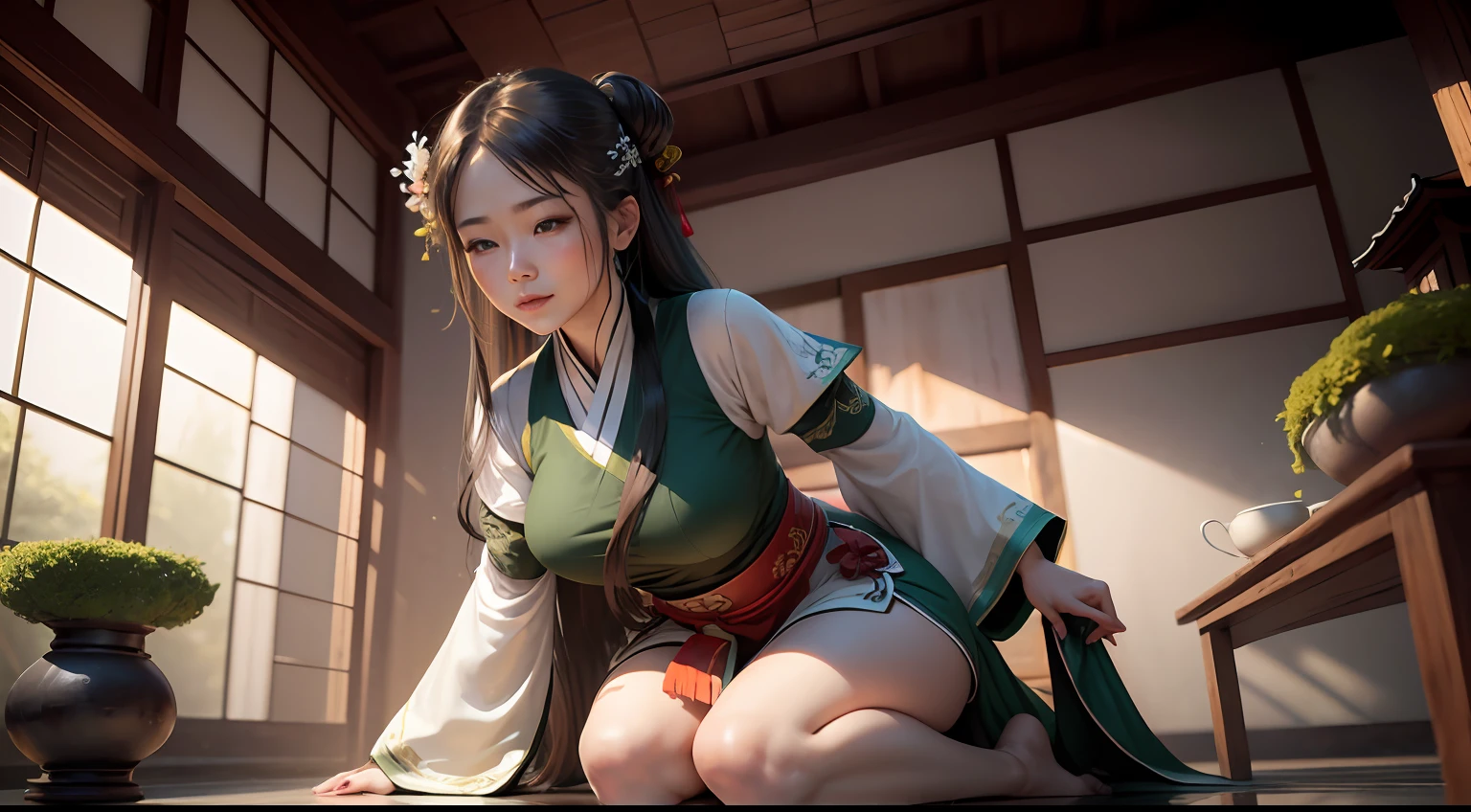 New Chinese courtyard wooden house,Chinese landscape garden,White walls and gray tiles,There are three green islands in the courtyard,Beautiful curves,Covered in moss,Ten Japanese mountain stone tea art,Near,A 25-year-old girl,Long flowing hair,Wear Hanfu,Hair tied with red bands,Delicate facial features,s the perfect face,ssmile,Beautiful and moving,The figure is bumpy,8k,Detailed details,k hd,best qualtiy,tmasterpiece,Sit cross-legged in front of the tea case,One pot per person,dynamicposes,Purple pottery tea set,Brew Pu-erh tea,