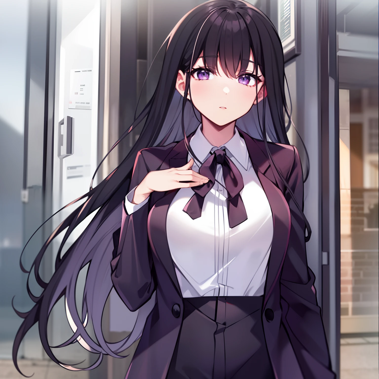 Black blazer, standing, 1 girl, 8k, white shirt, black jacket, High Quality, looking at viewer, medium chest, school uniform, chest length hair, black hair