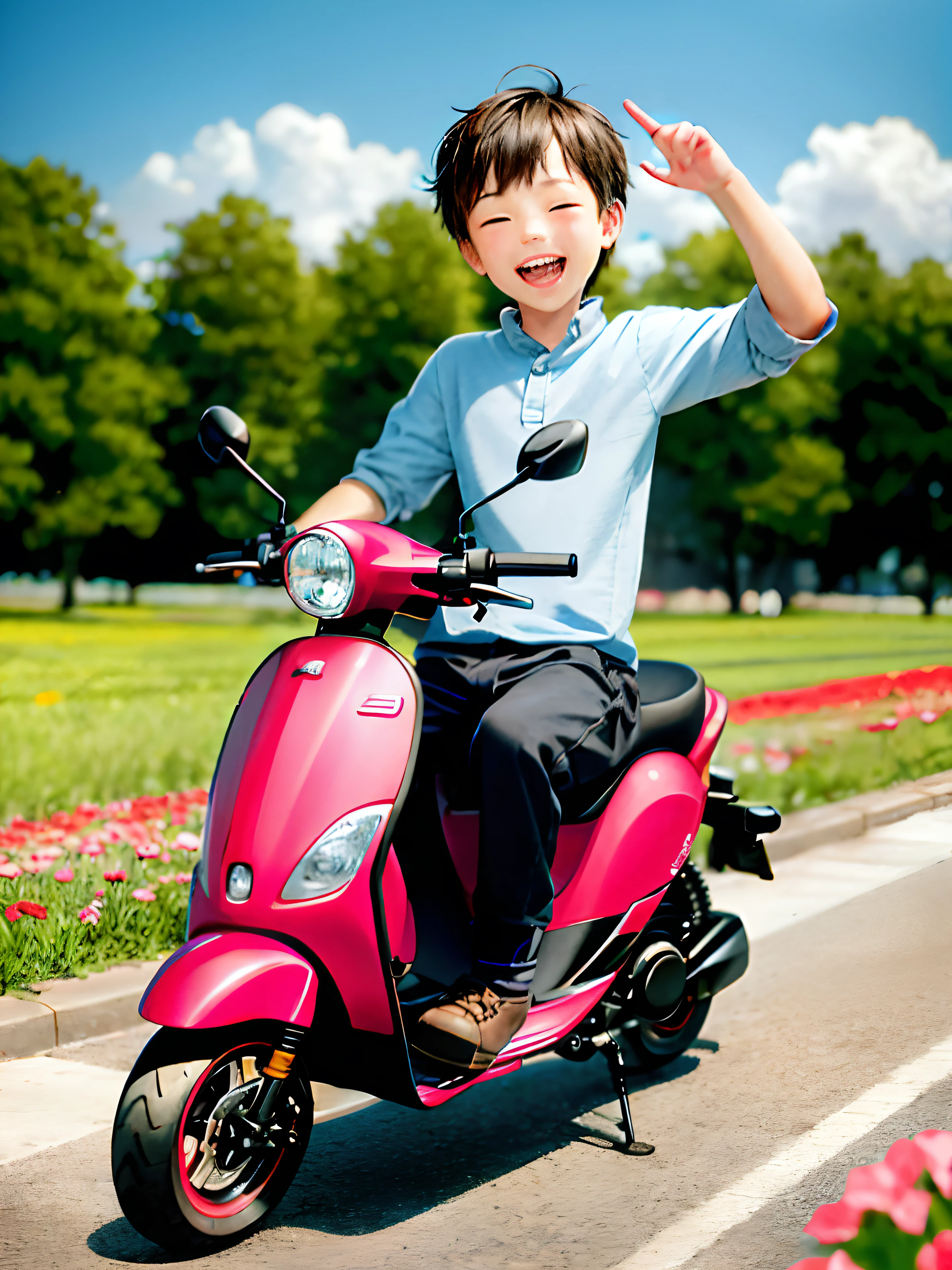 an incredible joyful Boy is driving a scooter in the field of pink and red flower , highly detailed, 8k, detailed eye, detailed finger