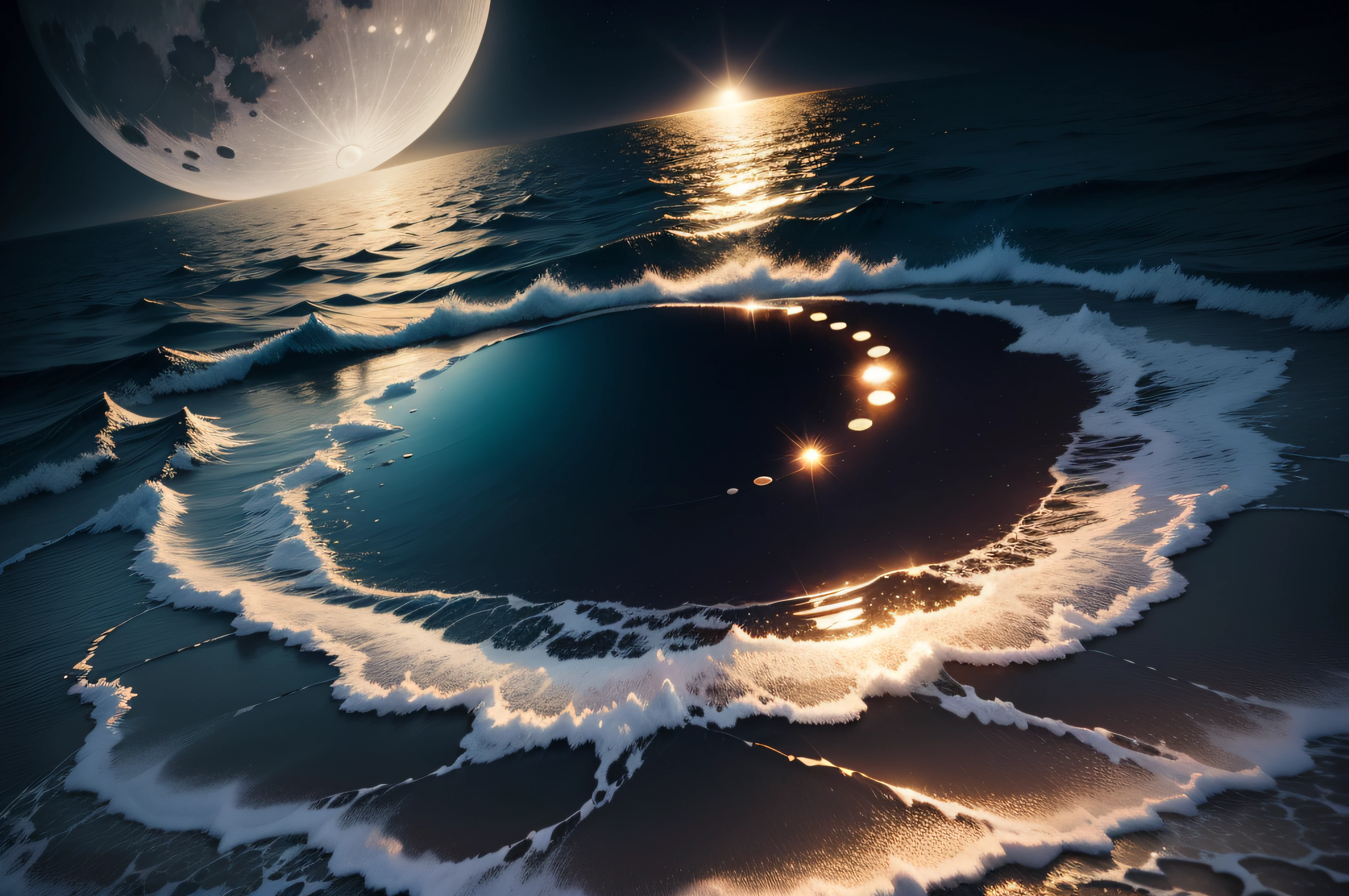 moon above ocean, moon reflection in the water, tshirt design, rzminjourney, vector-art