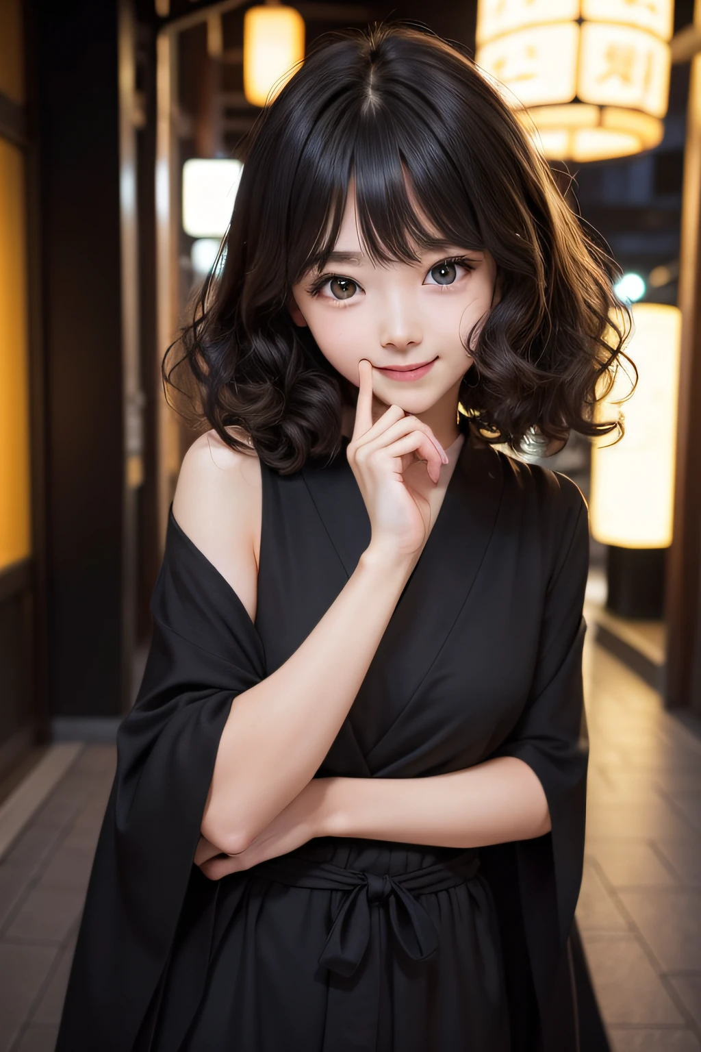 studio lights、depth of fields、The upper part of the body、A slender、cute  face、A smile、Beautiful detail eyes、Japan 19 years old、cute little、Voluminous curls with warm black color、plaza、rcasual、Tokyo Skytree、