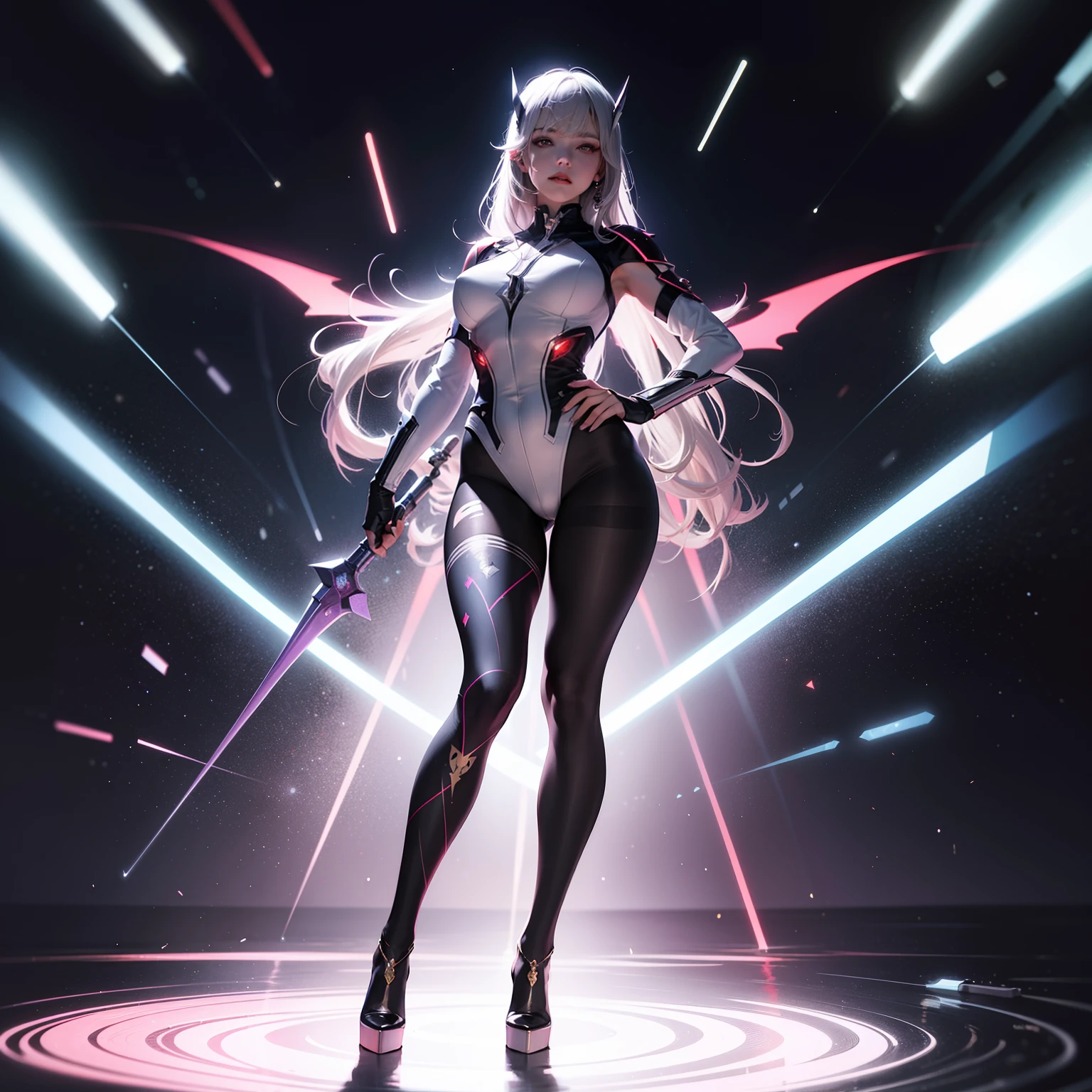 (full bodyesbian:1.5),(1girll:1.3),(view the viewer:1.4),(anatomy correct:1.45),(Wear printed fantasy Ultraman tight point-toe heels ,and very thick printed pantyhose :1.35), (Light particle effect:1.3),(In pink | amarelo | blue colors| green color |red colour | white colors| black in color| purpleish color| greys| Beige| Flesh color 1.4),(Glowing eyes:1.3),(Large amplitude action: 1.3),(Accurate and perfect face:1.4),hyper HD, Ray traching, reflective light,structurally correct, Award-Awarded, high detal, lightand shade contrast, Face lighting,cinmatic lighting, tmasterpiece, super detailing, high high quality, high detal, best qualityer, 16k,High contrast,