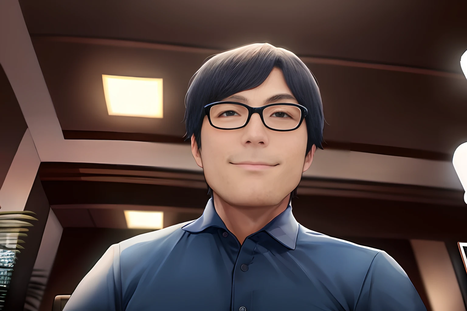 8K, ID photo of a man wearing glasses, Dark blue polo shirt, A dark-haired, A smile