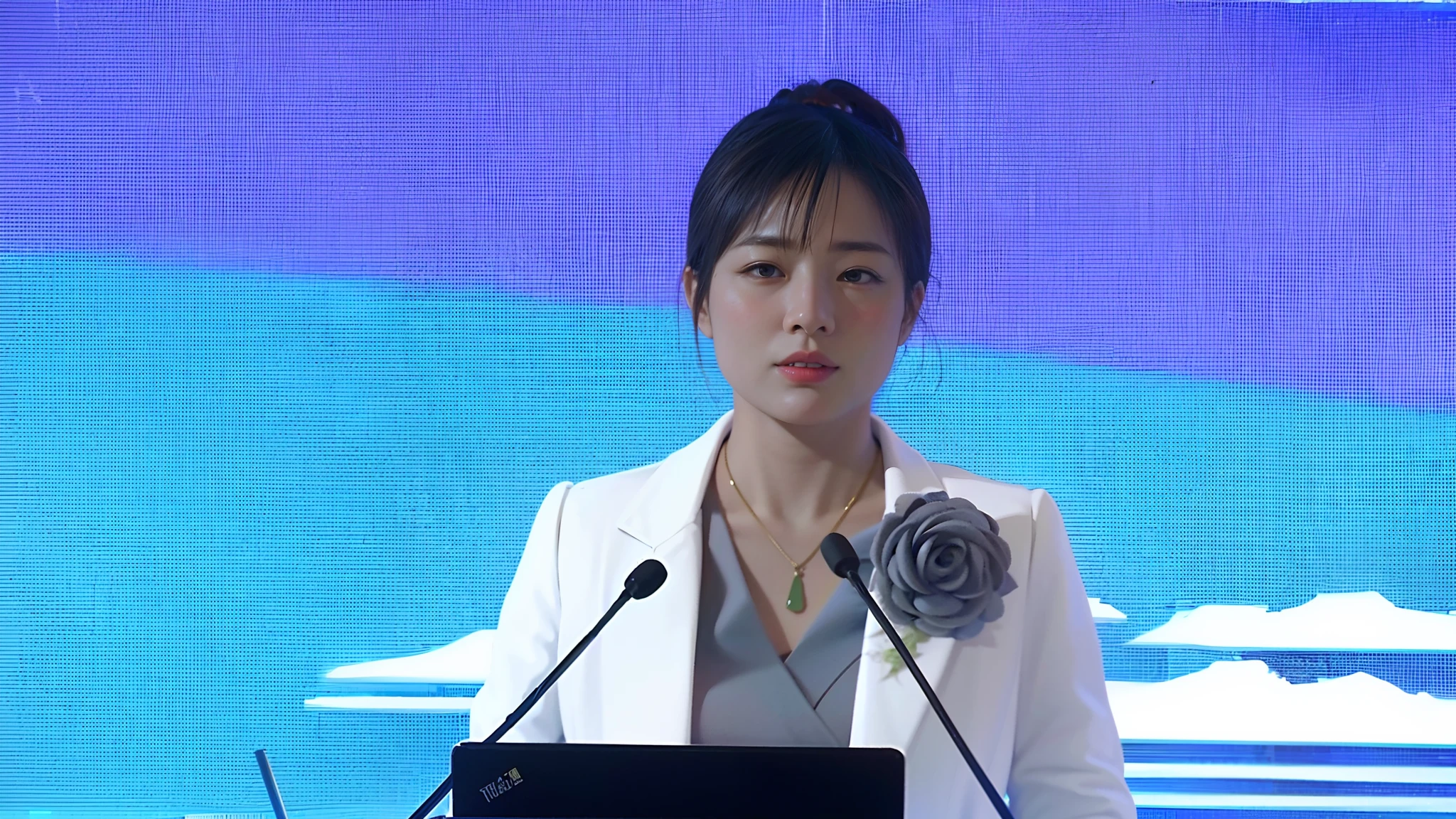 An Arad woman in a white jacket stands on the podium,holding a mic, Lu Ji, Zhang Pengzhen, xue han, yin zhen chu, Qiu Fang, lei min, mingchen shen, Yun Ling, song nan li, lulu chen, xintong chen, xiaofan zhang, su fu, xiaolong wang, jinyiwei, zhelong xu