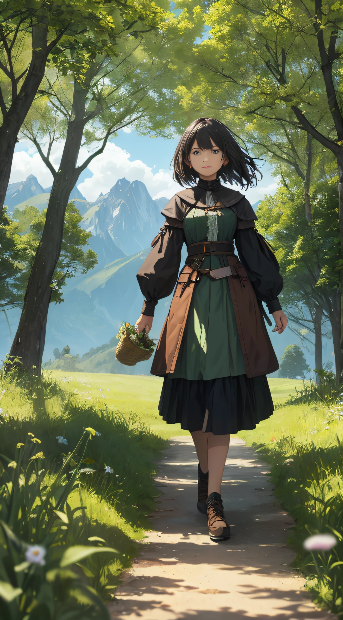 In a green meadow stands a girl leading a group of knights.
BREAK
With a brave expression, she guides them towards their destination.
BREAK
Behind her, a green forest stretches out and beyond that, mountains rise in the distance.
BREAK
The most suitable effect for this scene would be a watercolor painting technique to capture the softness of the meadow and the fluidity of the movement.