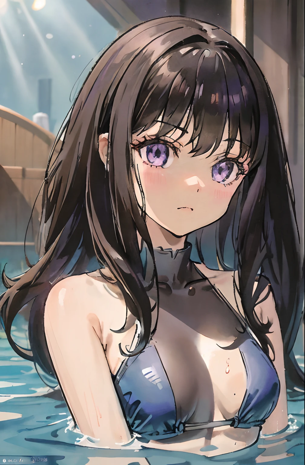 facing front,Beautiful and cute girl with menacing glare, 1girl in, Solo, Long hair, A dark-haired,Purple eyes, hair messy, long hair bangs, Beautiful detailed eyes, Looking at Viewer, feel shy, Closed mouth, Portrait, Bangs,Cute swimsuit, Upper body,bad-girl, Small breasts, Backlight, swimming pools