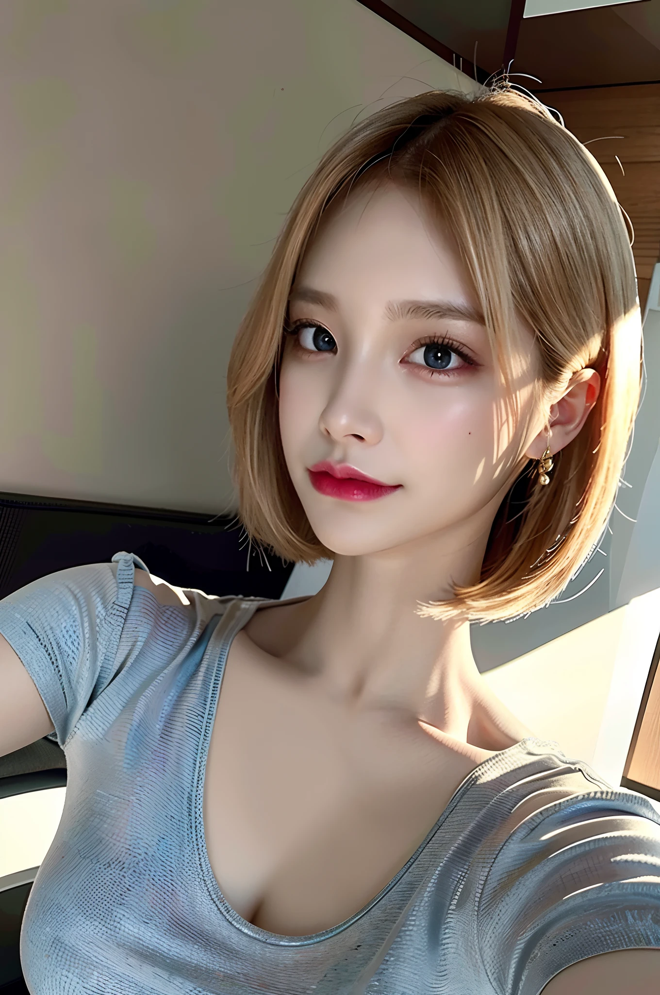 Incomparable masterpiece, perfect artwork, ((perfect female figure)), short hair, blonde, skinny, realistic, solo, (realism: 1.4), best quality, super high resolution, 1girl, porcelain, kpop ido, (extra large breasts), full body, beautiful, masterpiece, best quality, very detailed face, perfect lighting, solo, plain makeup, tights, best quality, super high resolution, (realistic:1.4), super detailed, masterpiece, best quality, ulzzang - 6500-v1.1, (realistic, photorealistic: 1.37), extreme light and shadow, disheveled hair, master work, rich details, (fine facial features), (highest quality photo), (masterpiece), (detailed eyes), look in front of you eyes, incredibly cute under eye moles, necklace, moles under lef5 eyes, earring best quality, Japanese woman, large breasts, very short bob hair,upper body, A beautiful woman with perfect body:1.4, Slim abdomen:1.2, (full body:1.6), ultra-detailed face, delicate eyes, double eyelids, soft breasts, charming expression, blonde hair, in high school, japanese high-school uniform,