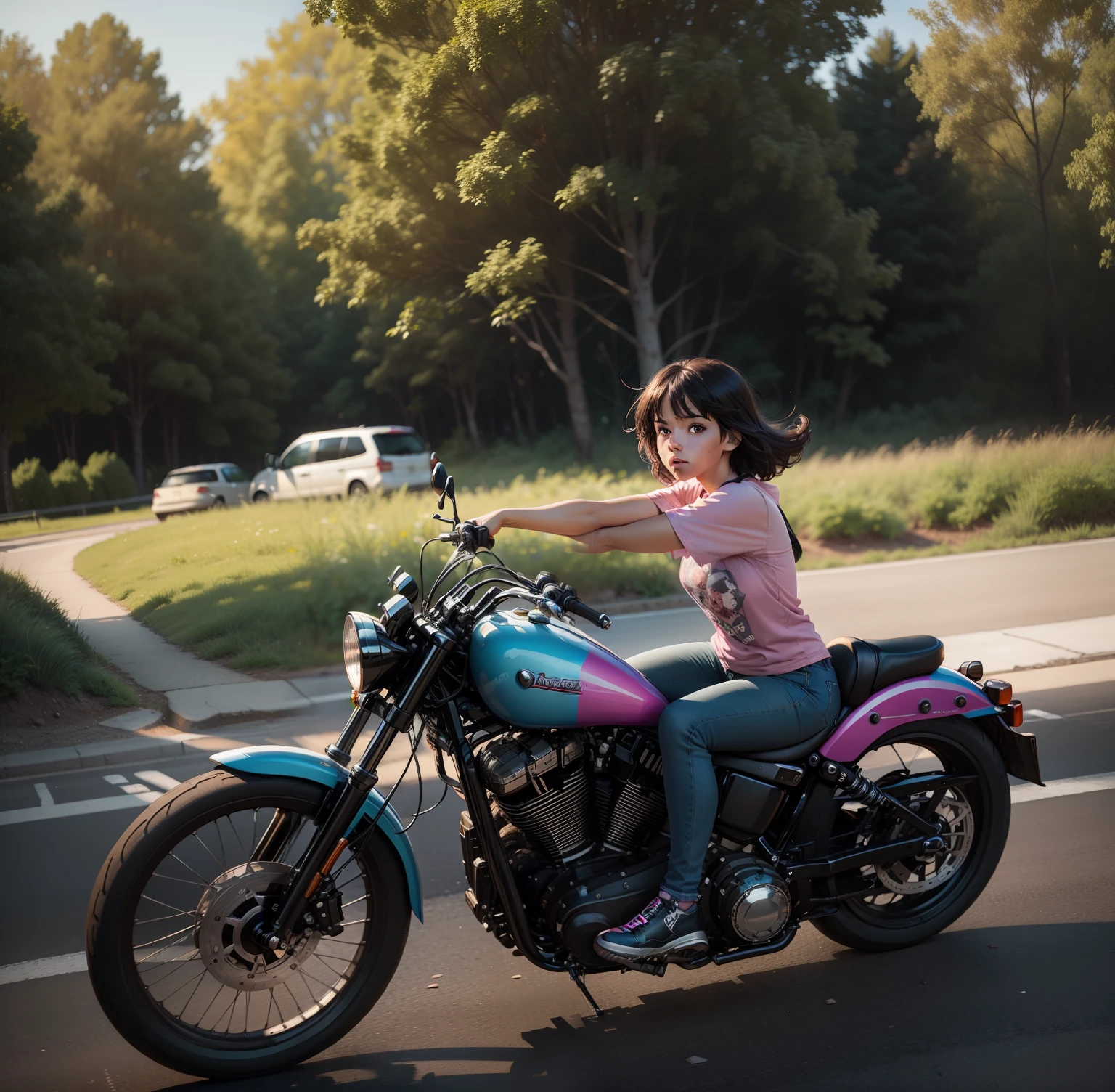Beautiful lofi girl riding a massive black Harley Davidson motorcycle side view, one black shoe facing camera, dragging tin cans behind, side view, complete view of motorcycle and riding buddies like swiper, long shot, forest and country background, looking a little like Dora the explorer, bombing down the highway, wearing a pink tee shirt and blue jeans shorts, with a crazy determined look in her eyes, just about to pass an ice-cream shop, summer background scene, Adobe Photoshop, Realistic Digital Painting, Portrait, High Resolution, Warm light, Symbolic Art, photorealistic, hyper-detail, 24k resolution, in traffic police from behind, commuters in front.