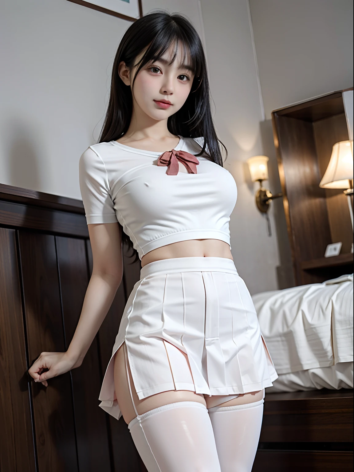 With double tail straps. full face blush. serafuku, short skirt. White panties. pantie shot, The hotel's colourful pastel rooms ,Colorful floral bed linen、Shot from below, standing on your feet, (Pants up), knees to chest.Perfect hands.(Five fingers)、masutepiece,Best quality,Beautiful detailed eyes,extremely detailed eye and face, Detailed panty pattern、1girl in,Medium breasts,clothes shiny,school uniform,serafuku,Pleated skirt,Panties,Cowboy shot,(mtu virus:1),1 girl in
