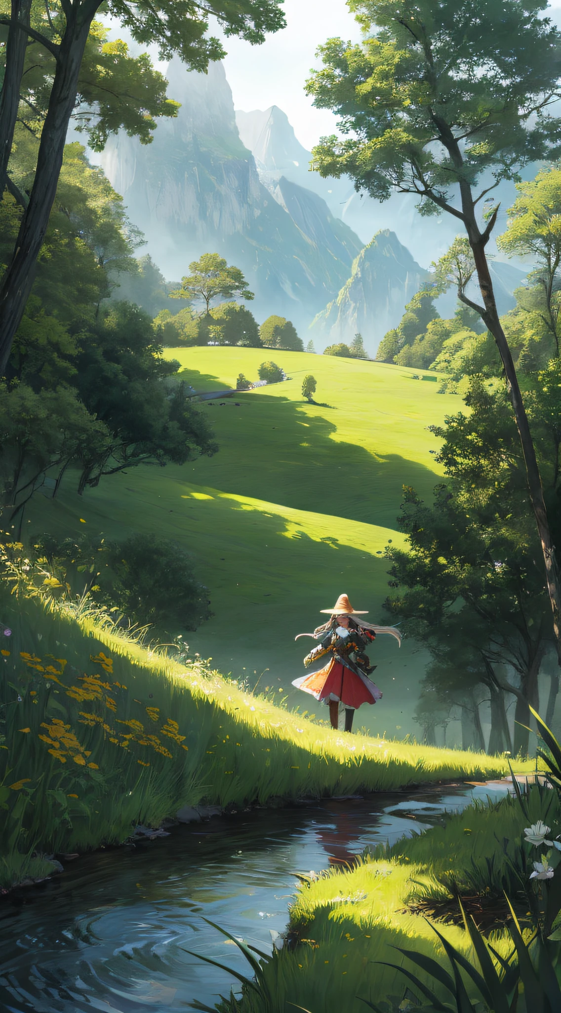 In a green meadow stands a girl leading a group of knights.
BREAK
With a brave expression, she guides them towards their destination.
BREAK
Behind her, a green forest stretches out and beyond that, mountains rise in the distance.
BREAK
The most suitable effect for this scene would be a watercolor painting technique to capture the softness of the meadow and the fluidity of the movement.