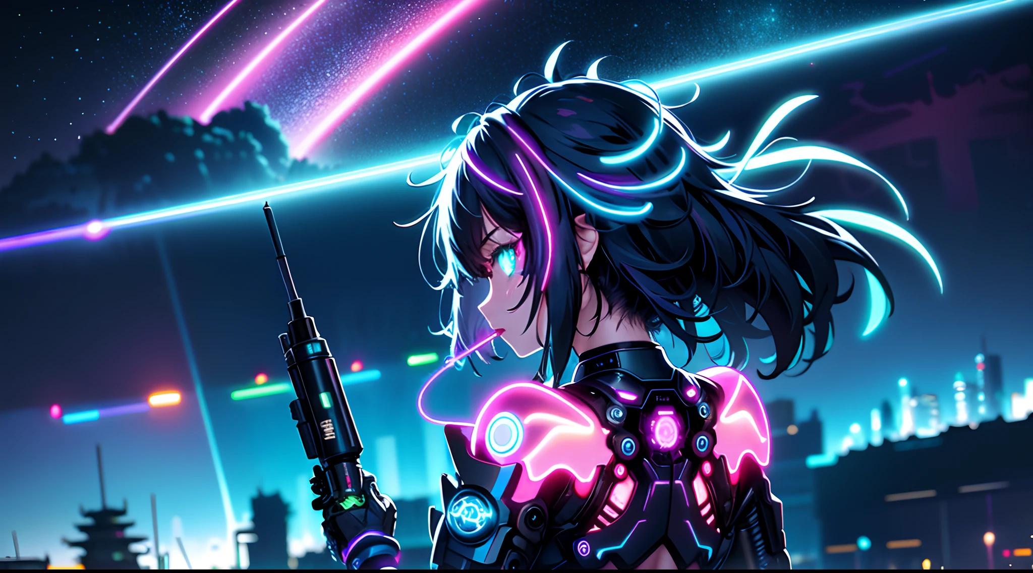 cyberpunk with raver girl with smoking, short messy and shaggy hair, (middle range:1.3), from behind, steampunk mega city detailed background, (neon starry sky azure glowing night:1.4), bioluminescence, intricate surface detail, hyper detailed, wonderfully, multilayered, fountain pen, add oil paint and airbrush coloring, professional artwork, black white and red streaked hair, neo-traditional japan inspire,