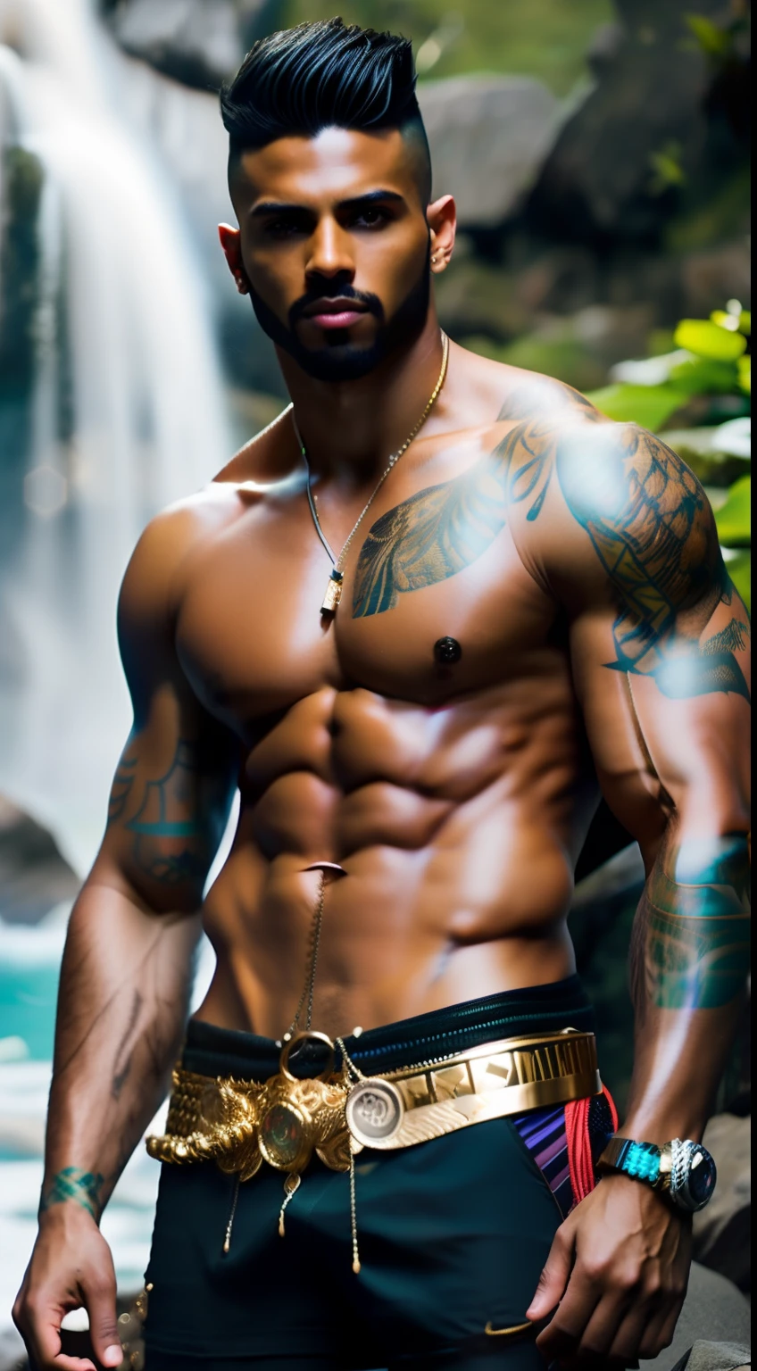 fking_scifi, fking_scifi_v2, portrait of a young, muscular extremely handsome and attractive Brazilian male model, in front of a waterfall, short windy hair, hairy tattooed body, colorful clothing and golden jewelry, close up, regal pose and attitude. fking_cinema_v2.