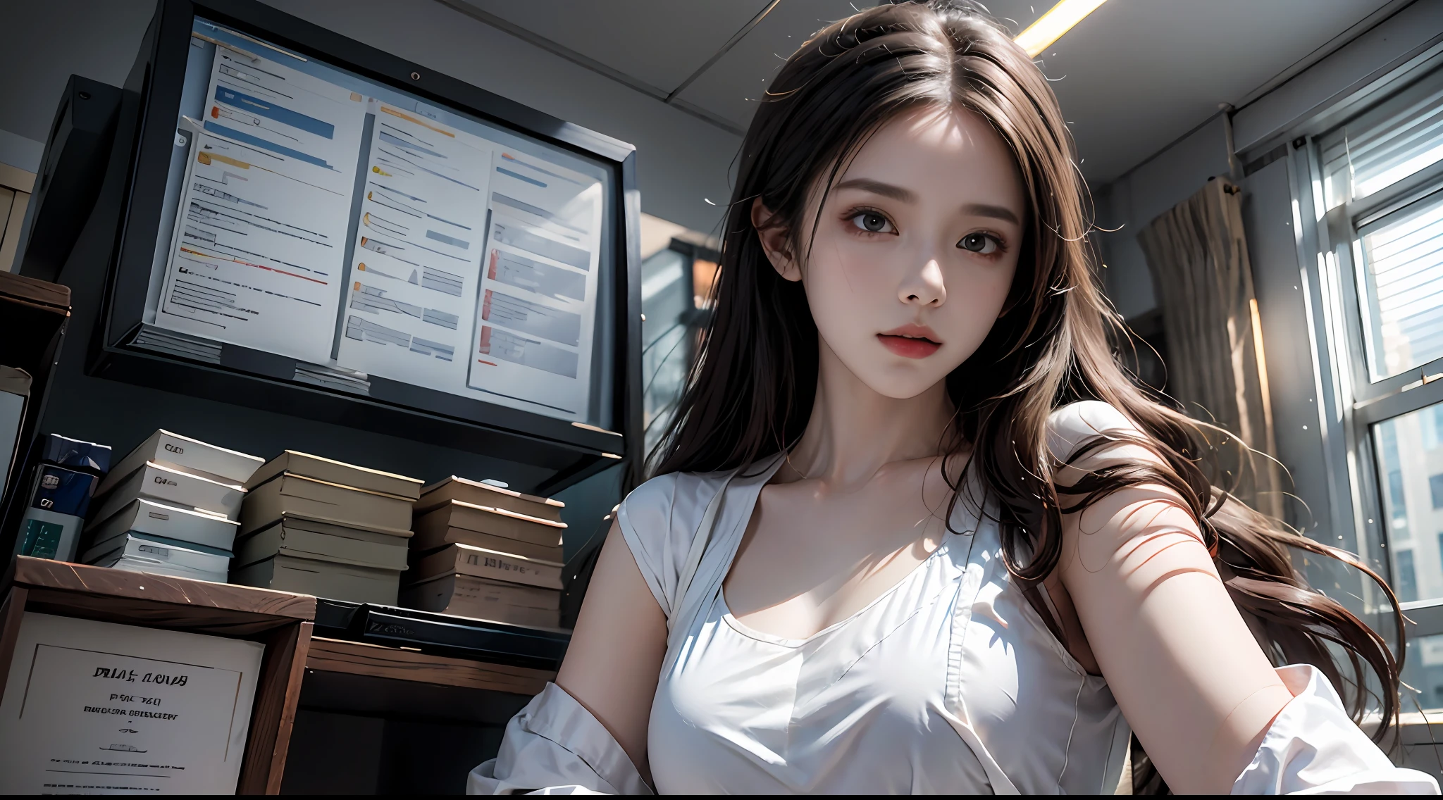 1girll,独奏,offcial art,Unity 8k壁纸,ultra - detailed,Beautiful and beautiful,big breasts beautiful,tmasterpiece,best qualtiy,the doctor,Hold a syringe in your hand,Doctor uniform,hospital in background,deformation,depth of fields,