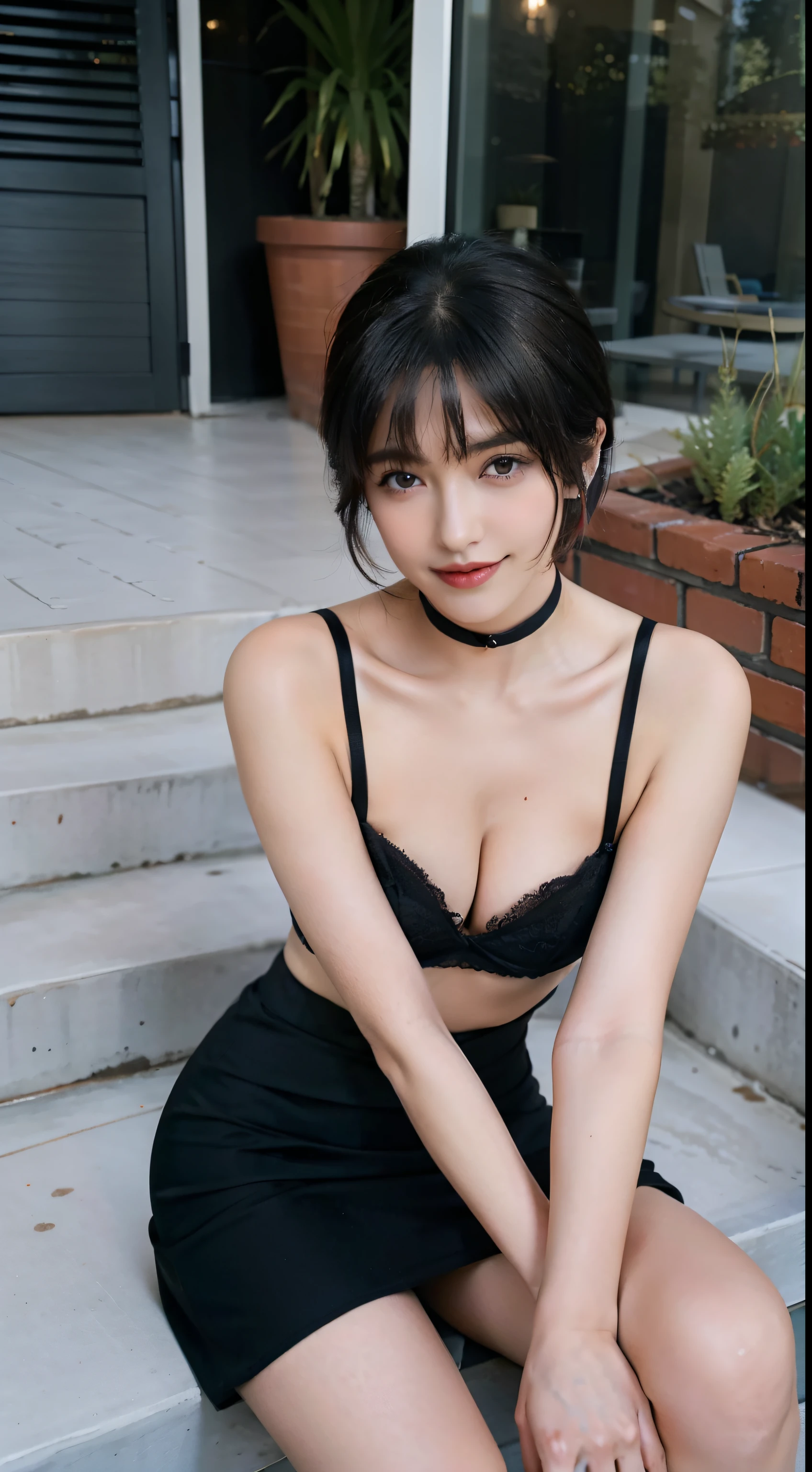 1girl, bangs, black_choker, black_hair, pink sexy bra, t-strings panties, straps, bush, choker, collarbone, day, earrings, flower, jewelry, lips, looking_at_viewer, outdoors, plant, sexy_skirt, potted_plant, road, office, short_hair, cross straps, sitting, mini skirt, smile, solo, stairs, christian louboutin (\brand\)