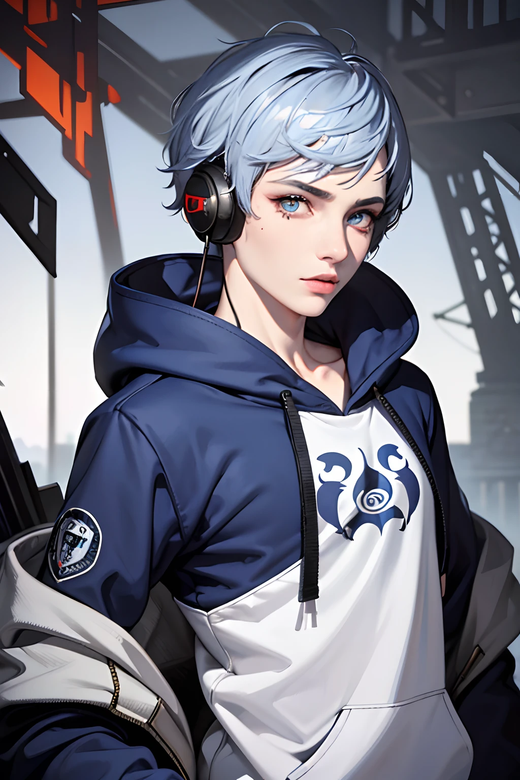 solo person,tmasterpiece,exquisite facial features,s the perfect face,Libido boy,mature,sexy for,Wolf tail,brush cut,Expressionless,Beautiful eyes,Amber pupils,white skinned,Hooded sweatshirt,blue hairs，Issuing，shoun，tear-mole，cyber punk perssonage，Earphone，frontage，looking at you，
