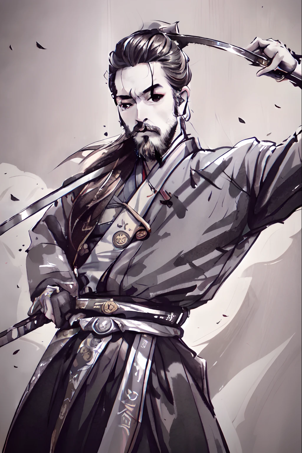 Ronin, samurai, high ponytail, beard, thin face, holding a sword, Leng Jun, abs,Side backlight,Masterpiece,close up,wear hanfu,Chinese Traditional cloth,dynamic pose,water effect,5