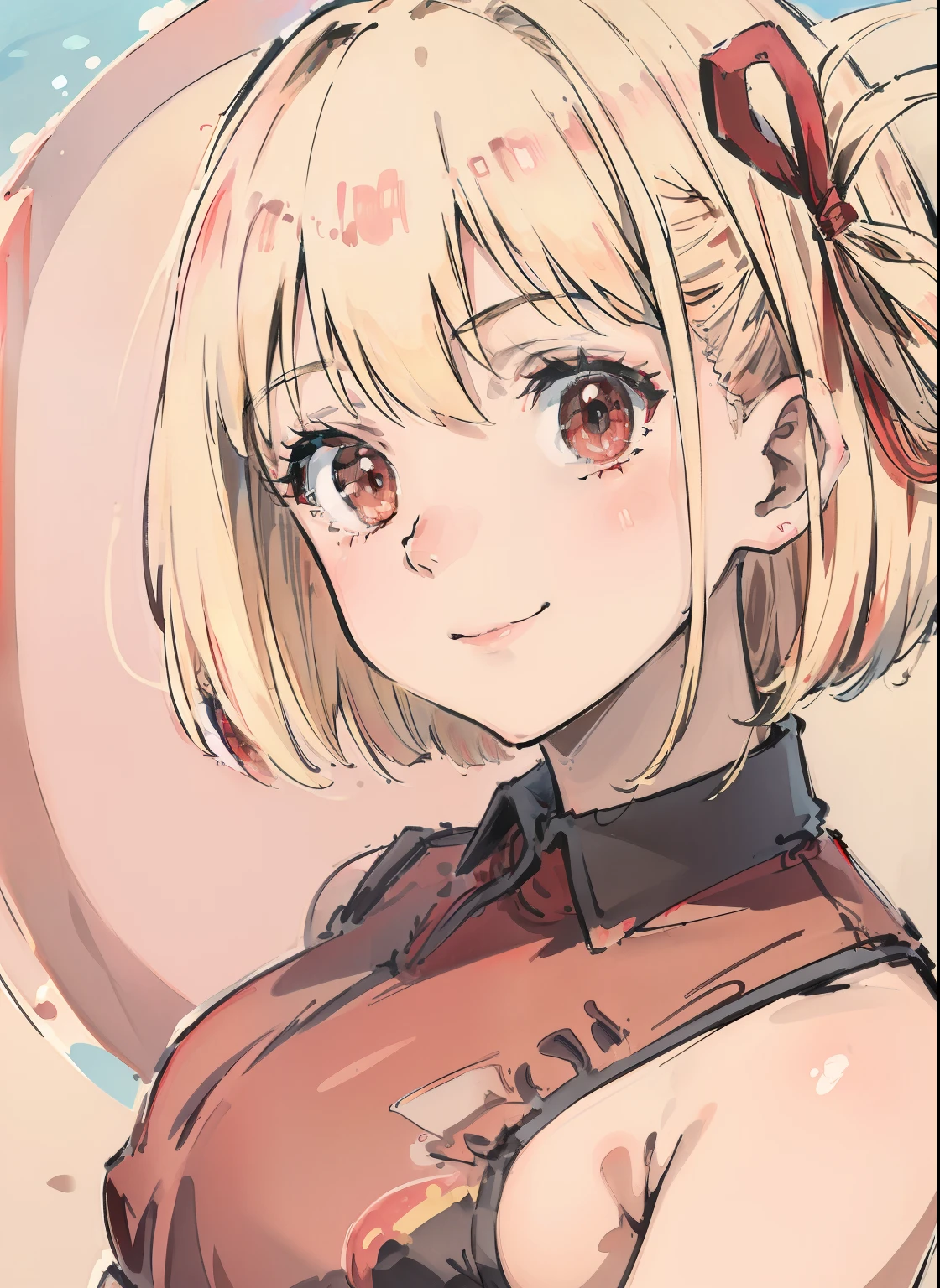 ((facing front:1.5)),Do not wear anything around the neck,Beautiful and cute girl with dazzling smile, 1girl in, Solo, Bob Hare,Red ribbons, platinum-blonde,red eyes, Beautiful detailed eyes, Looking at Viewer, A smile, Portrait,Bikini swimwear, full body Esbian, tits out, Backlight, shores