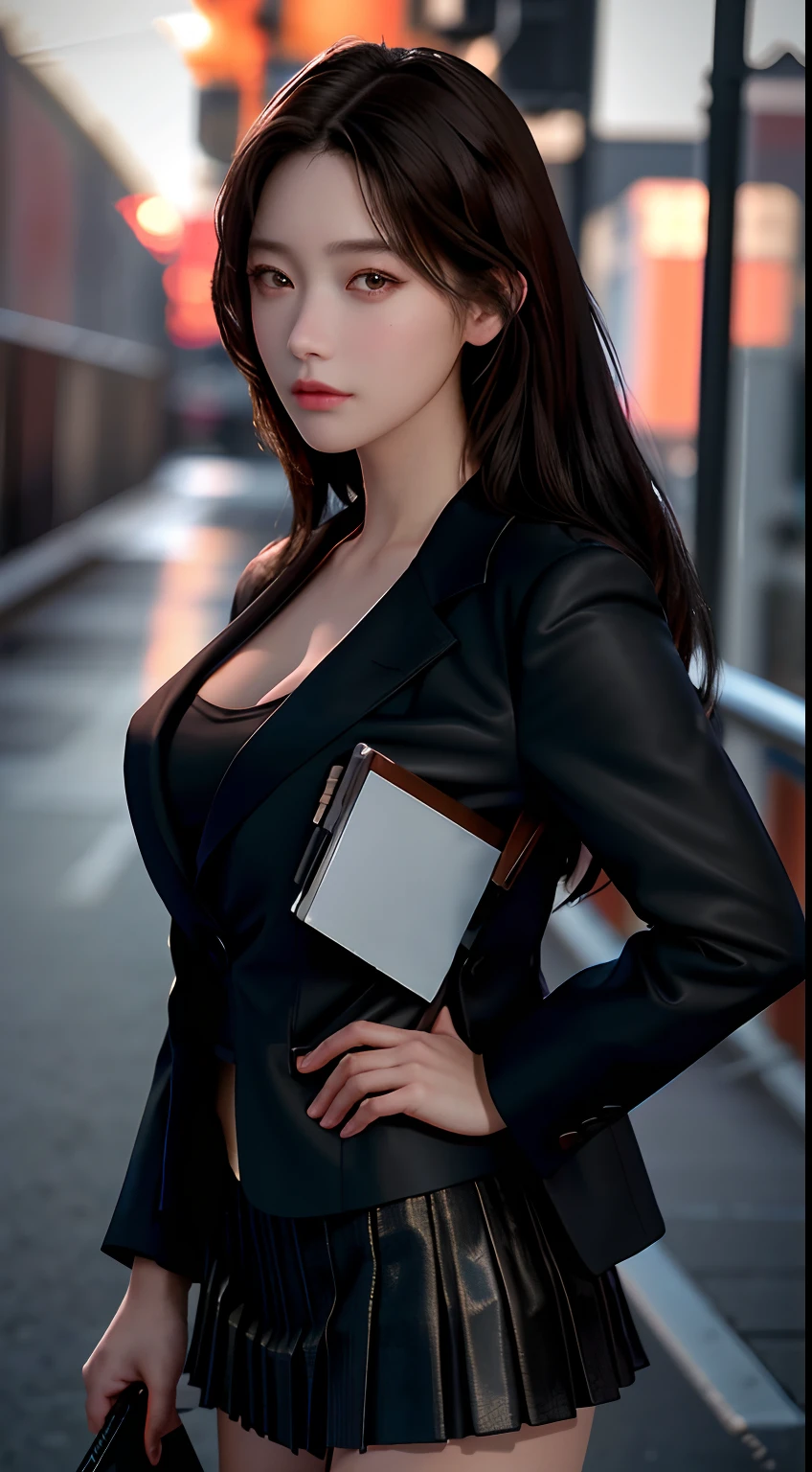 best quality, masterpiece, 1girl, Beautiful face, (photo realistic:1.3), rim lighting, (high detailed skin:1.2), 8k uhd, dslr, high quality, high resolution, 4k, 8k, Bokeh, absurdres, best ratio four finger and one thumb, (realistic:1.3), cute 1girl, wearing black formal blazer, medium breasts, short skirt,