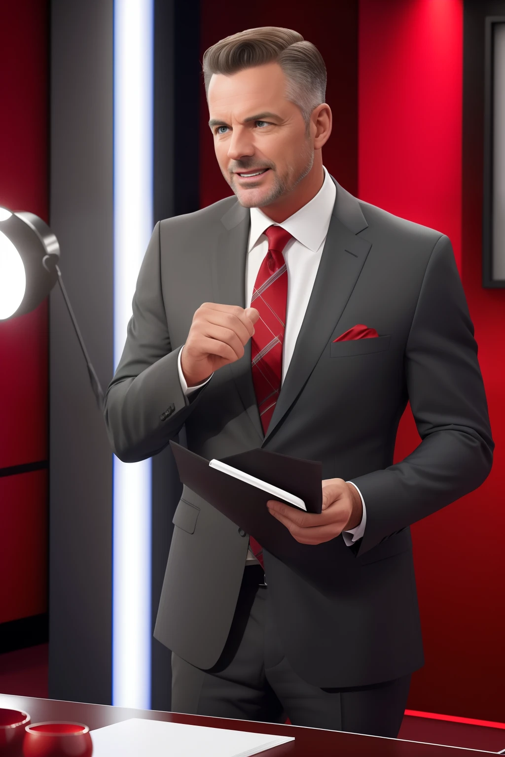 Best quality, ultra high res, (photorealistic:1.4), hdr, hyperdetailed. A shocked man in suit gesturing, talking smiling and speaking at a syndicated talk show. Man holding Clipboard. Spotlights, cameras. Tabloid talk show. A lot of space. Red and grey colors in interior design.