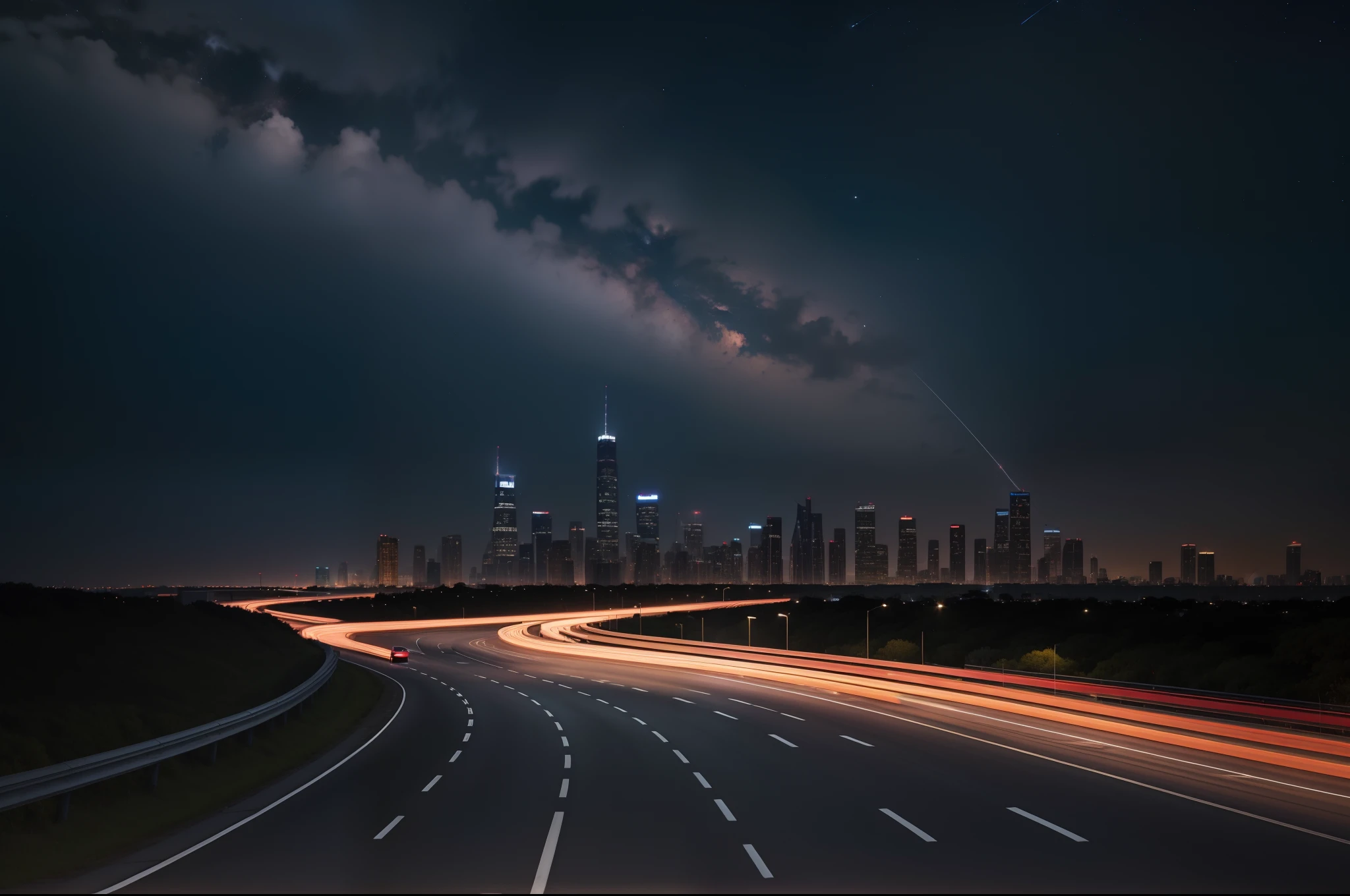 Straight highway，Cars speeding on the road，On both sides are skyscrapers，In the distance is the sky of the Milky Way，tmasterpiece，super-fine