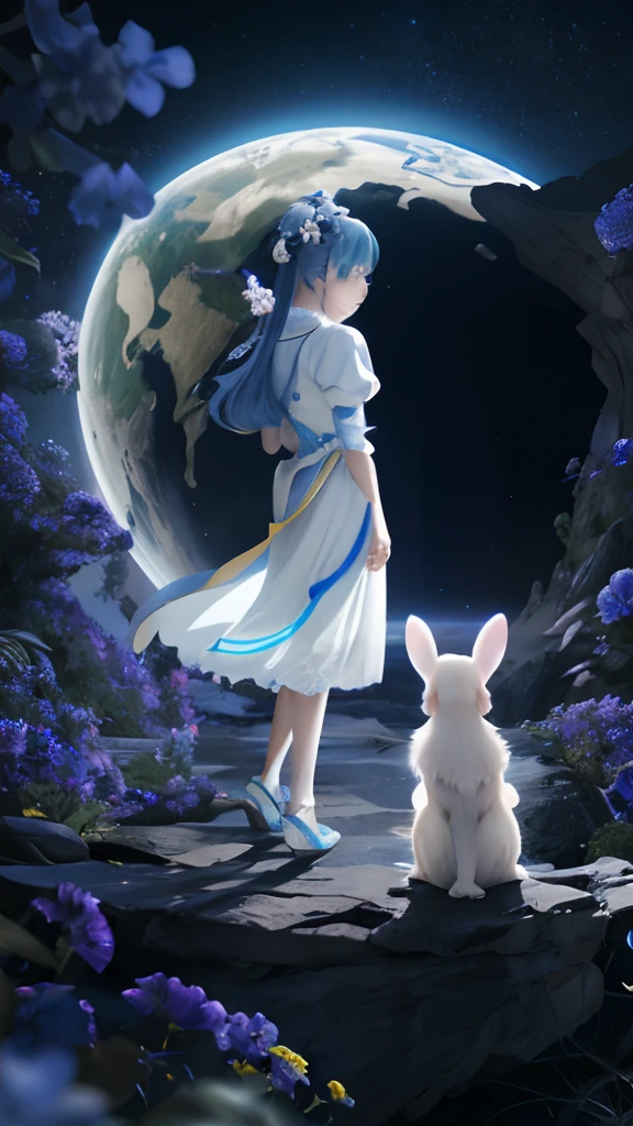 (first person perspective, in a panoramic view,magic realism,surrealism,Chiaroscuro, anime illustration:1.5,,Masterpiece, hyper HD, Super detail, High details, Best quality, A high resolution, A high resolution, Award-Awarded, Award-Awarded, Anatomically correct, 8K,),(1 girl standing,reaching out her hands,Turn your back to the audience:1.6,Sitting little white rabbit,Turn your back to the audience),(Anime girl with blue hair and white dress with flower crown:1.5,Delicate girl,beuaty girl,palaces,hanfugirl,Sitting cute little white rabbit:1.2),(Guviz-style artwork,Guvitz,inspired by Leng Mei,A beautiful fantasy queen,Inspired by Lee Mei Shu,Popular on CGstation,Inspired by Ai Xuan,Blue and white Hanfu,High heels,a beautiful fantasy empress:1.5),(A cliff protruding from the lunar surface in the foreground,There is a bright blue Earth suspended in space:1.5,Realistic earth:1.5,Glowing Earth:1.5,A brilliant nebula in outer space in the background,Splendid night sky,Peaceful night sky),(Chic anime girl,anatomy correct,Oriental elements,Cinematic lighting,senior color matching,Dark background)