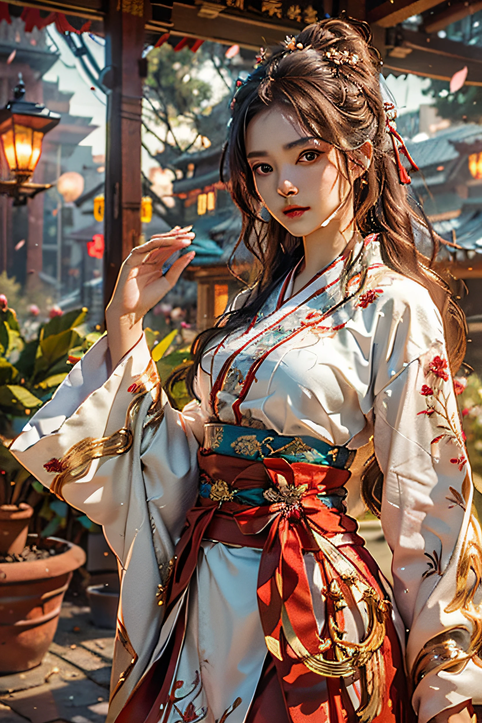 Superb Beauty, Masterpiece, High Resolution, (Exquisite Body: 1.5), Beauty, Large Breasts (1.5) Wide Buttocks, Thin Waist, Stunning Beauty, (Milky Skin: 1.3), Exquisite Details, High Resolution, Wallpaper, 1 Female, Solo, Dress, Hair Accessories, (((Red Skirt)) ), Flower, Long Hair, Brown Hair, Shut up, Accessories, Long Sleeves, Raised Hands, Wide Sleeves, Big Eyes, Flowing Hair, Hanfu, Embroidery, Long Dress, Natural Pose, Falling Petals, Indoor, Fanning, Lantern, 16K, HDR, High Resolution, Depth of field, (Film grain: 1.1), Bocon, Primetime, (lens flare), vignette, rainbow, (color grading: 1.5)