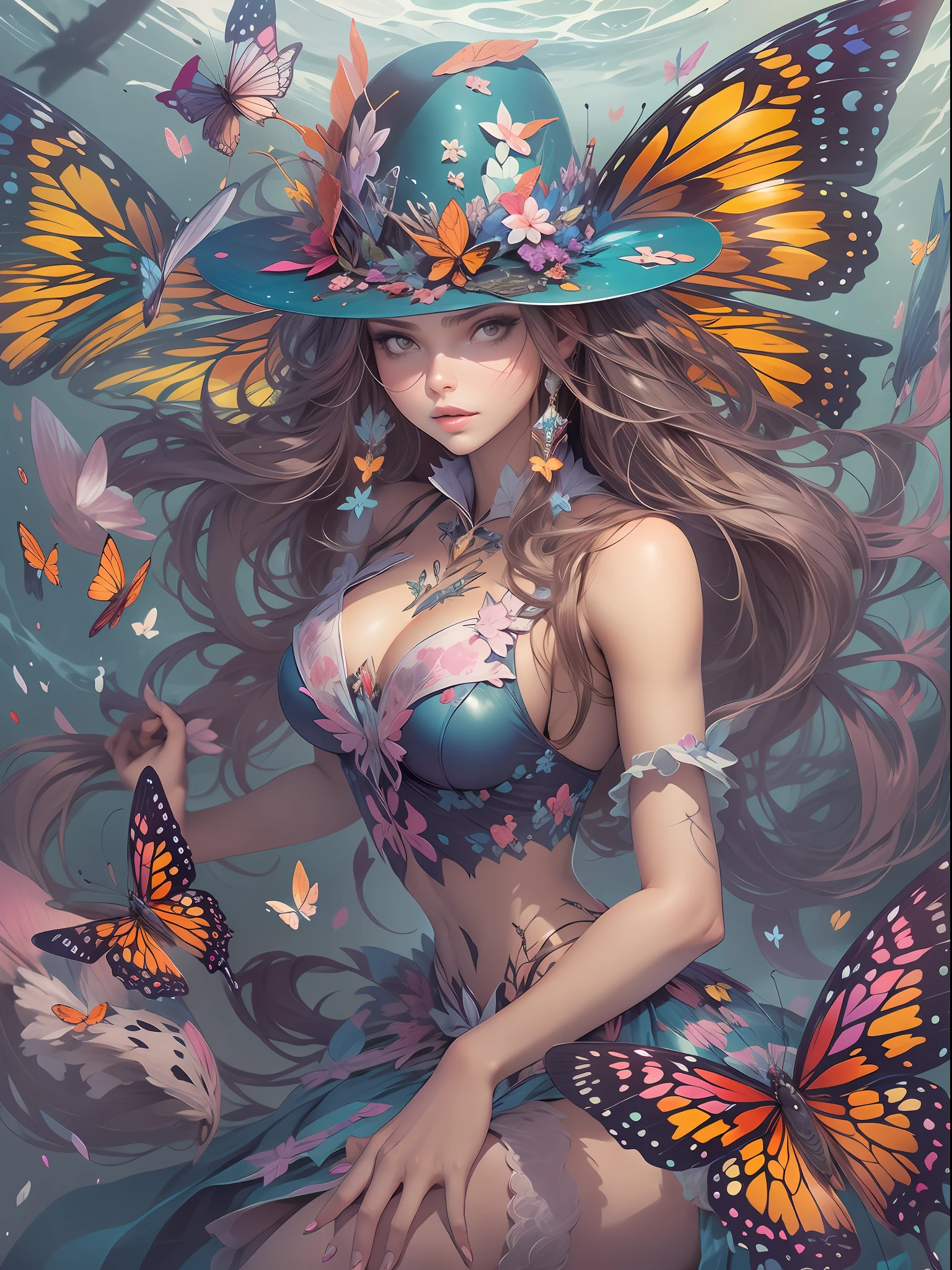 Colorful butterfly, deep sea hunter, girl, songstress, (detailed face: 1.2), (medium breasts), (cleavage), thigh bands, long hair, asymmetrical bangs, Tarot border, centered portrait, (no weapon), (bouncing breasts).